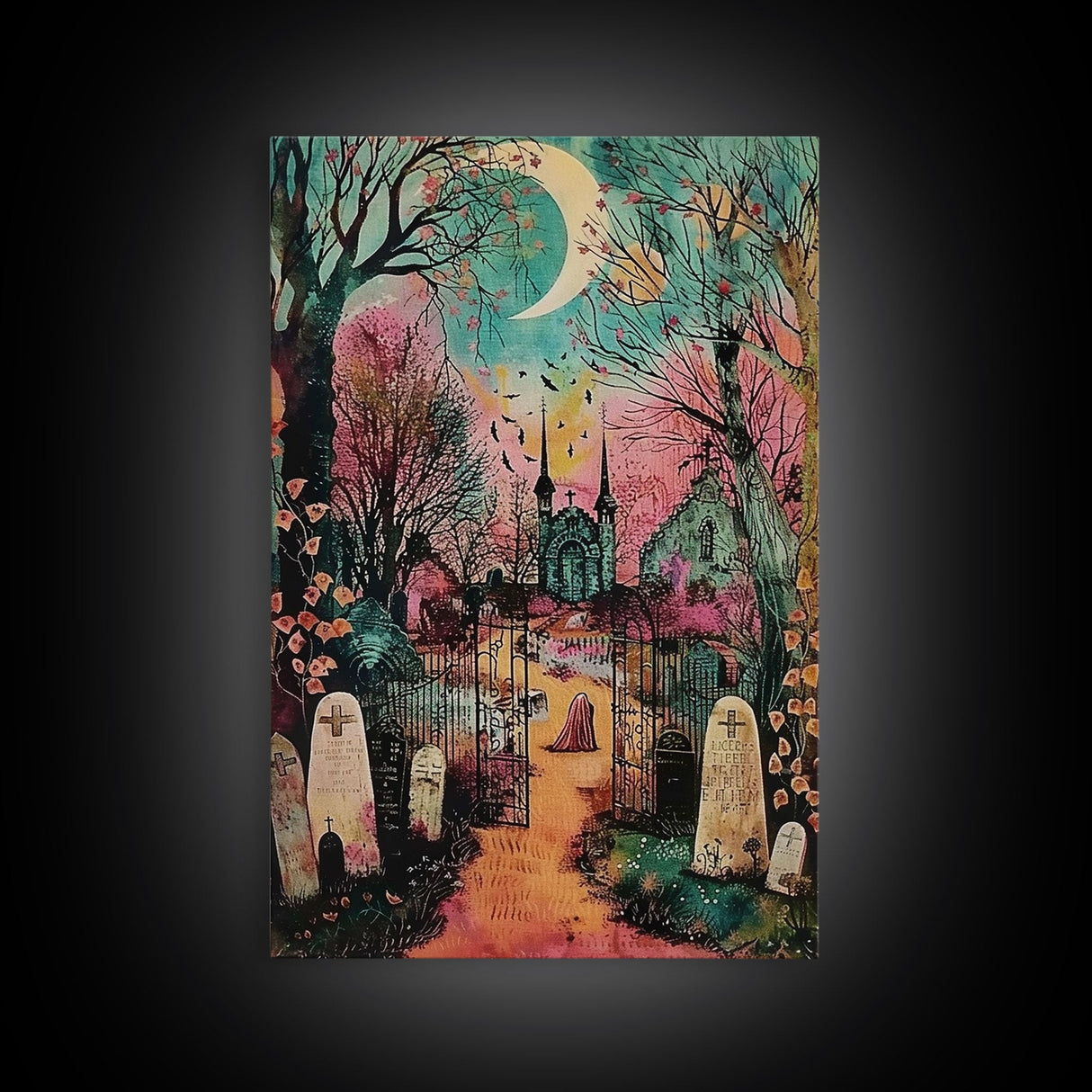 Creepy Moonlit Trees Framed Canvas Print, Haunted Forest Art, Halloween Night Scene, Eerie Woods Decor, Spooky Artwork, Framed Canvas Print
