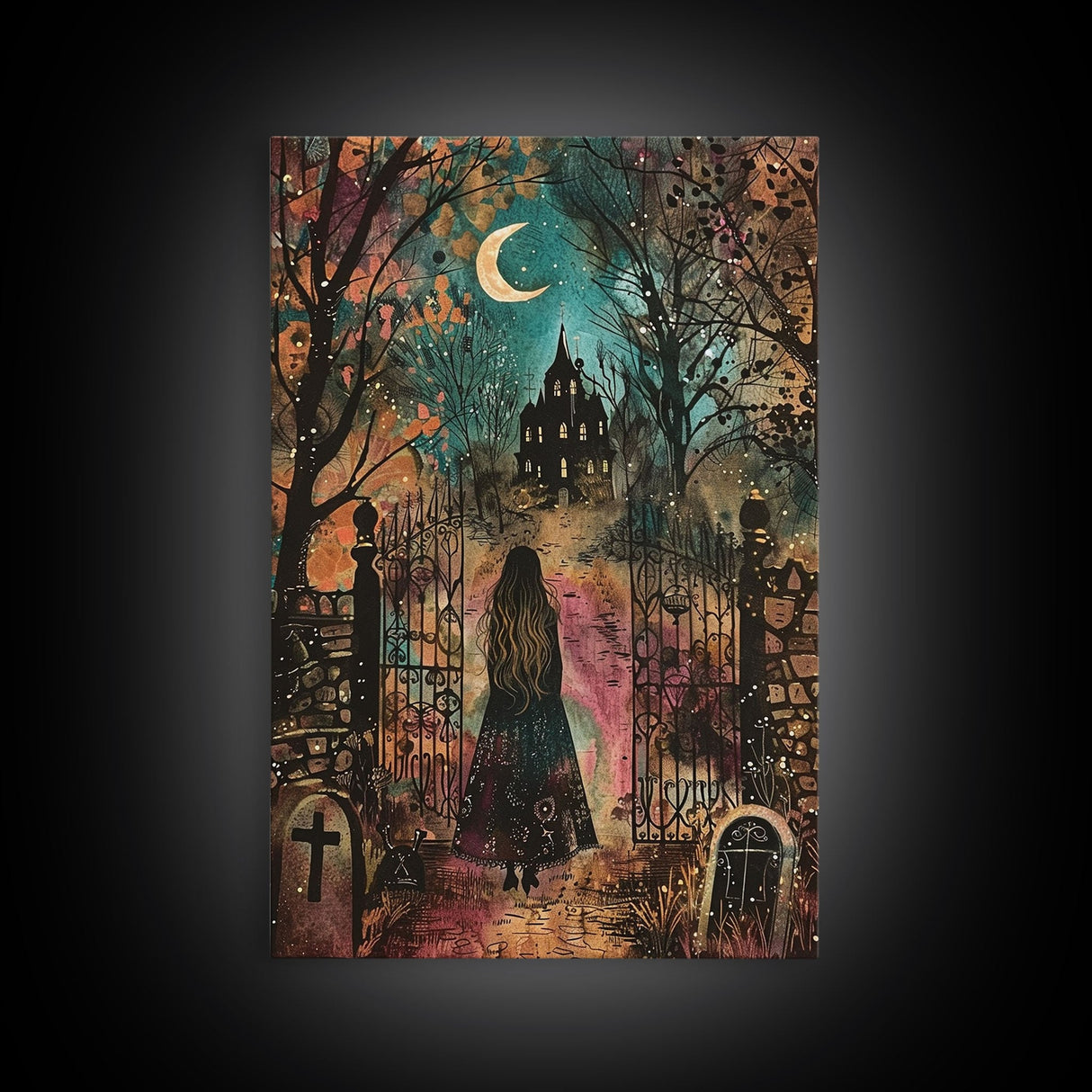 Gothic Mansion in the Forest Framed Canvas Print, Spooky Haunted House Art, Halloween, Eerie Decor, Haunted Artwork, Framed Canvas Print