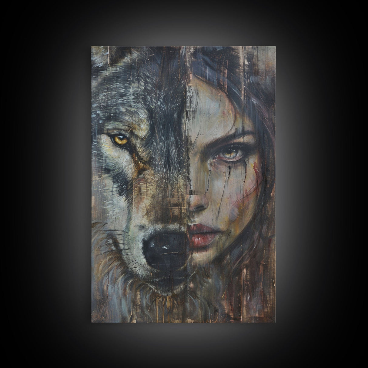 Half Witch Half Wolf, Double Exposure, Unique Halloween Art Framed Canvas Print, Halloween Products, Spooky Witch Poster Art