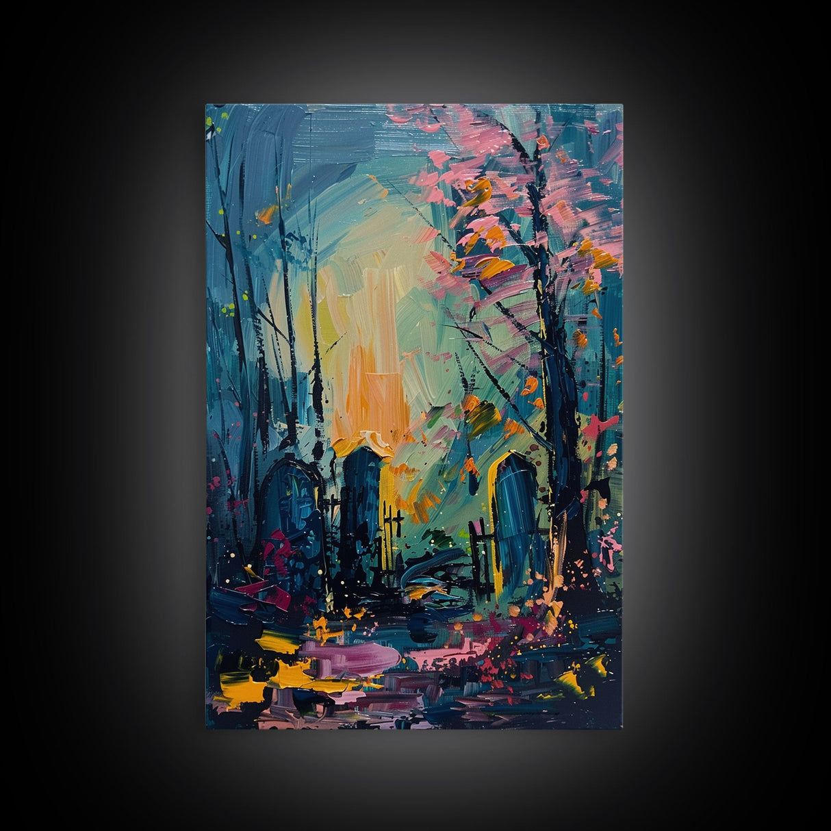 Haunted Forest Graveyard Framed Canvas Print, Spooky Cemetery Art, Halloween, Eerie Graveyard Decor, Gothic Artwork, Framed Canvas Print