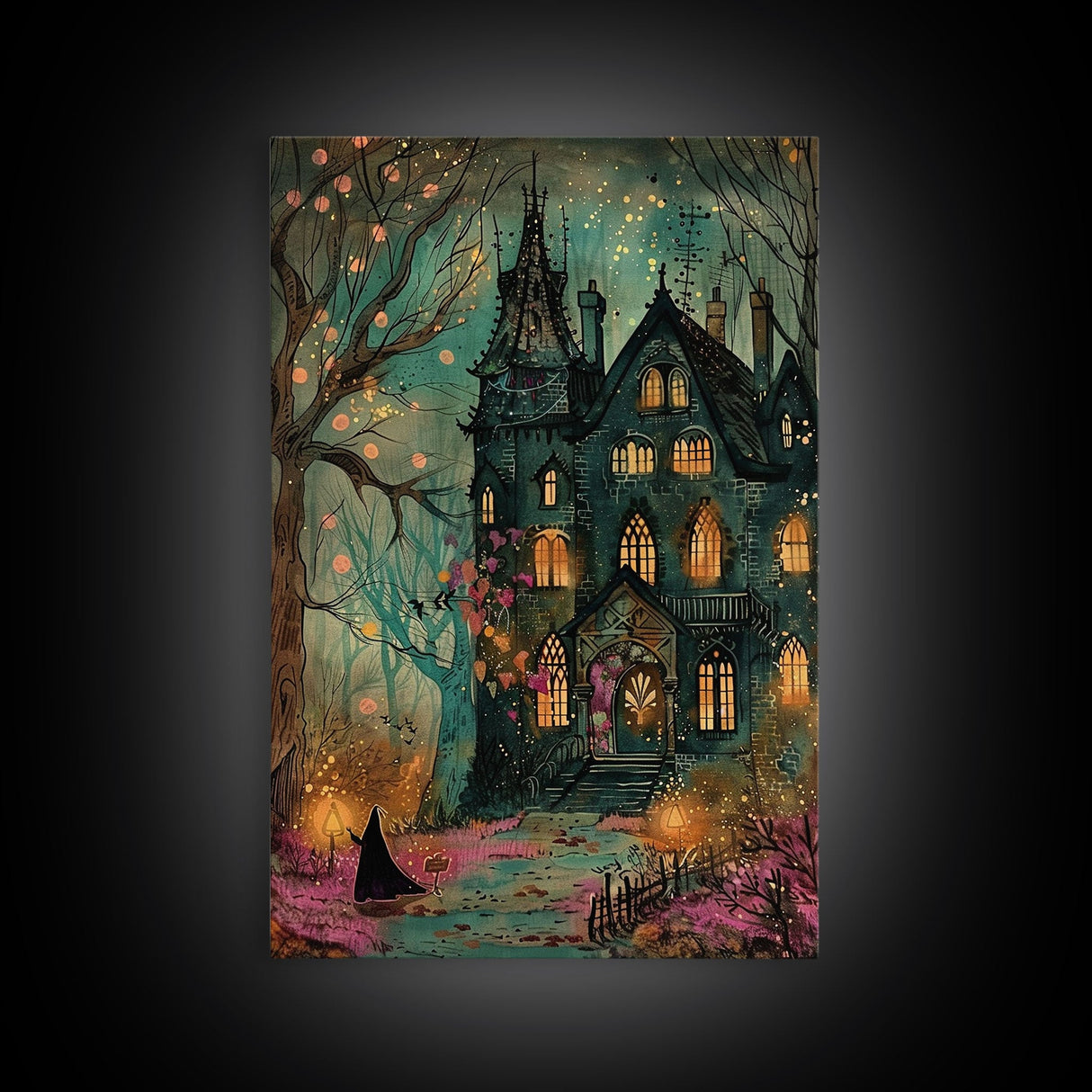 Haunted Mansion On Halloween, Framed Canvas Print, Spooky Vibes Wall Art