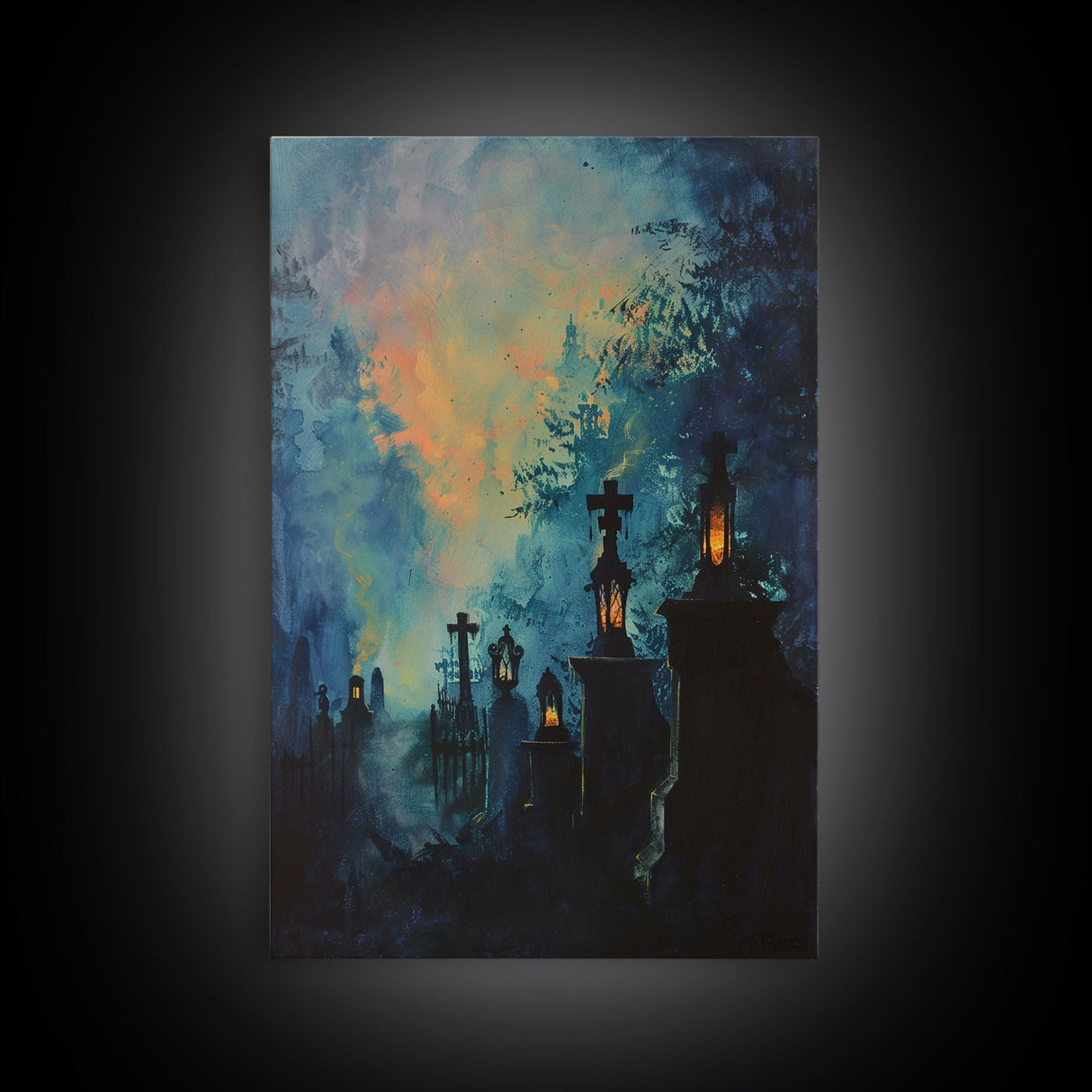 Haunted Cemetery Framed Canvas Print, Halloween Wall Art, Gothic Graveyard Art, Spooky Lantern Decor, Cemetery Lights, Horror Home Decor