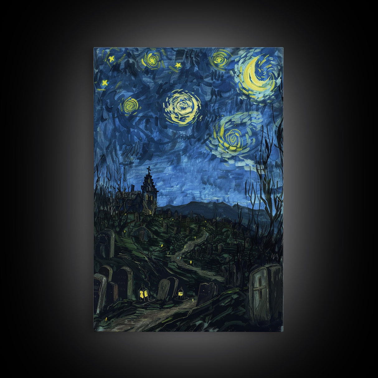 Gothic Graveyard Framed Canvas Print, Halloween Wall Art, Haunted Cemetery Art, Spooky Night Decor, Halloween Home Decor, Horror Art