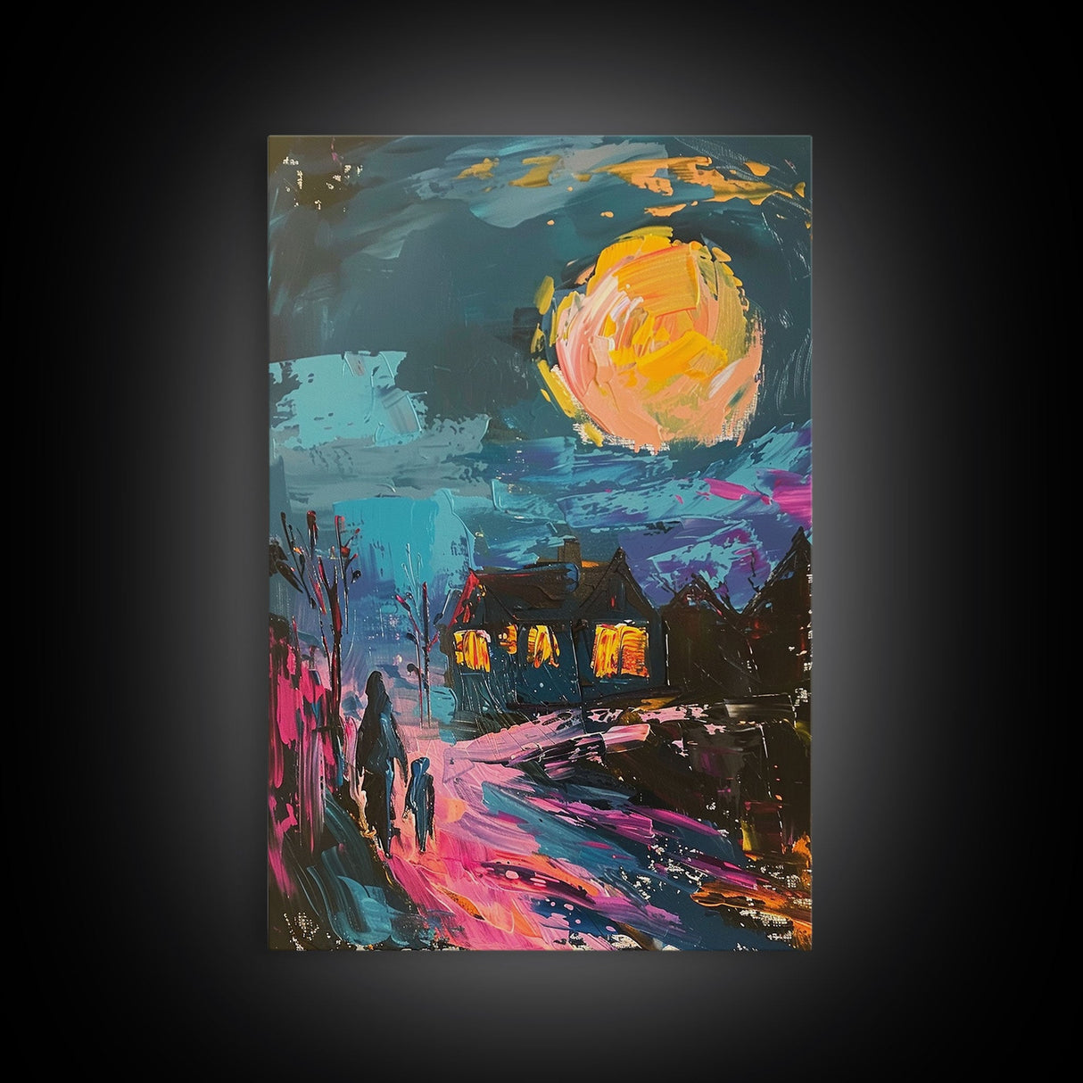 Spooky Village Framed Canvas Print, Halloween Wall Art, Haunted House Art, Gothic Night Decor, Spooky Moonlight, Halloween Home Decor