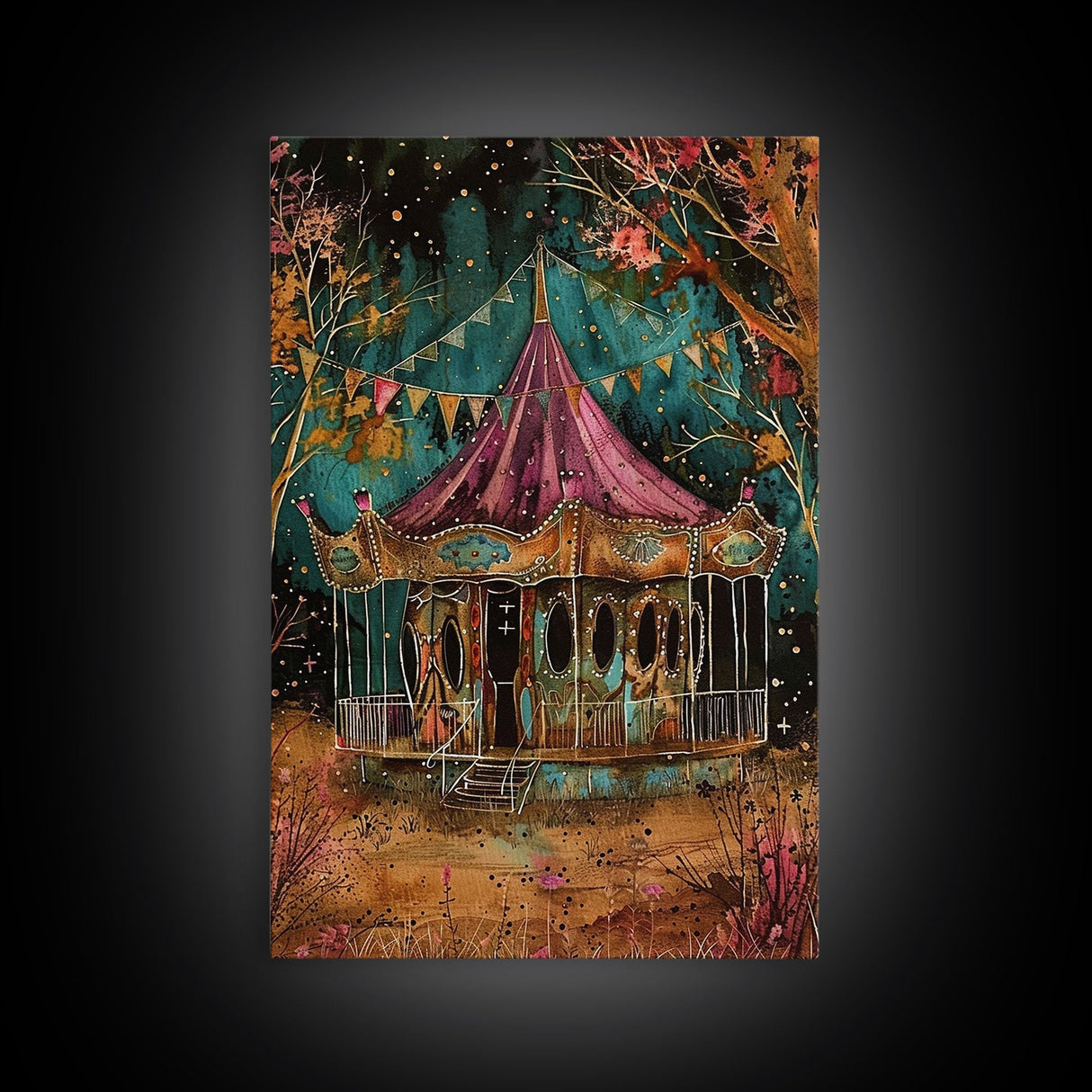 Nighttime Haunted Forest Path Framed Canvas Print, Halloween Wall Art, Spooky Home Decor, Eerie Artwork, Ghostly Path Decoration