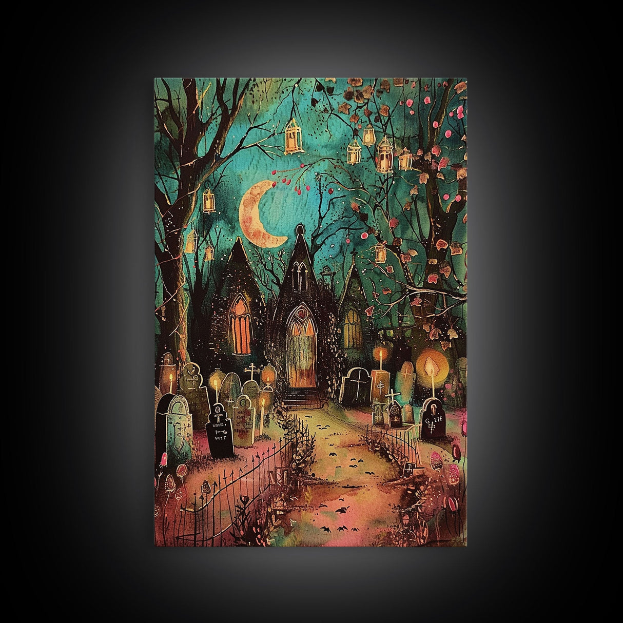 Gothic Churchyard with Moon and Lanterns Framed Canvas Print, Wall Art, Spooky Home Decor, Halloween Cemetery, Gothic Art, Haunted Graveyard