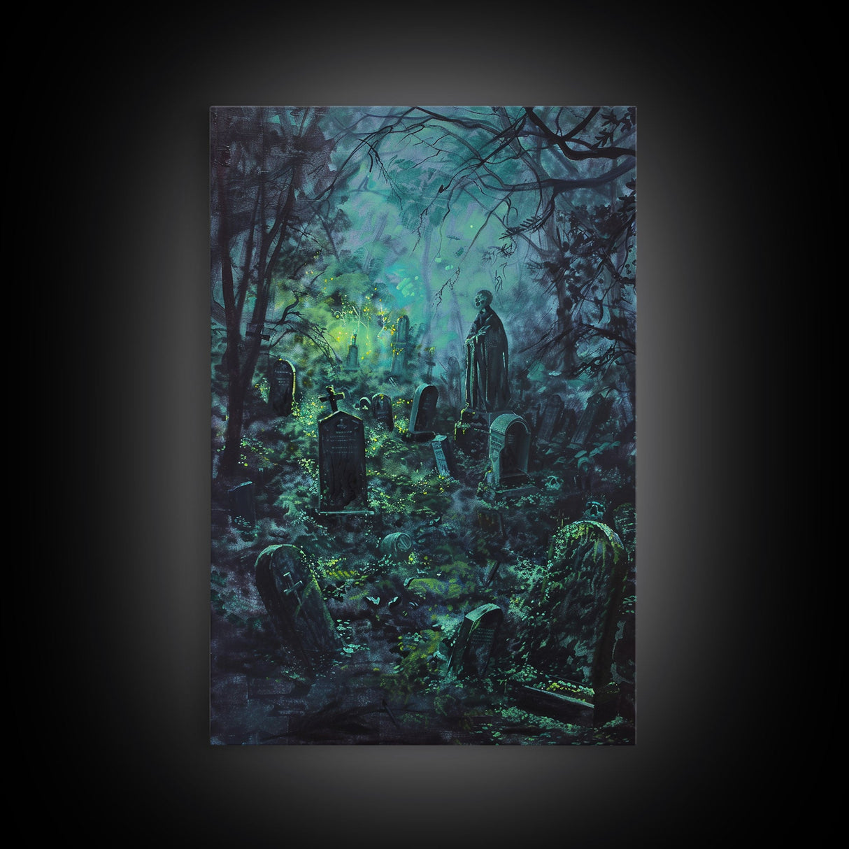 Spooky Cemetery with Glowing Lights Framed Canvas Print, Wall Art, Halloween Graveyard Art, Eerie Home Decor, Haunted Forest Painting