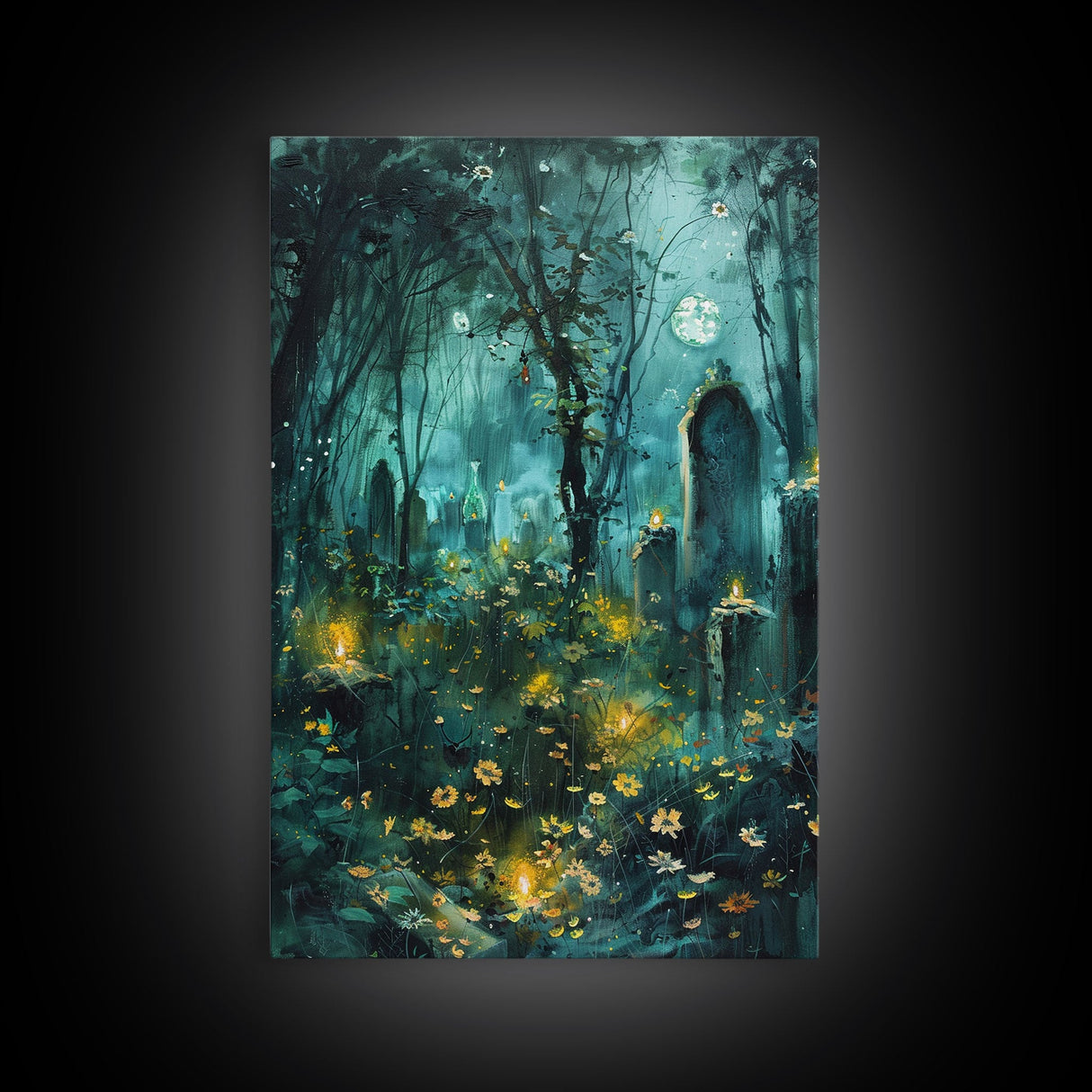 Haunted Forest Cemetery Framed Canvas Print, Wall Art, Spooky Graveyard Art, Eerie Home Decor Halloween Forest Painting Halloween Decoration