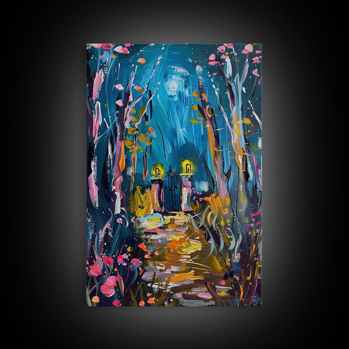 Mystical Cemetery with Glowing Flowers Framed Canvas Print, Wall Art, Halloween Graveyard Art, Enchanted Forest Decor, Spooky Artwork