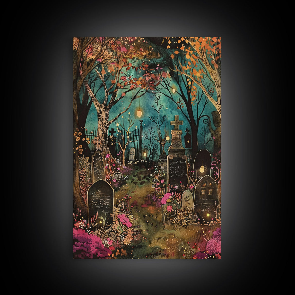Gate to Haunted Cemetery Framed Canvas Print, Wall Art, Spooky Graveyard Art, Eerie Home Decor, Halloween Forest Painting, Spooky Graveyard