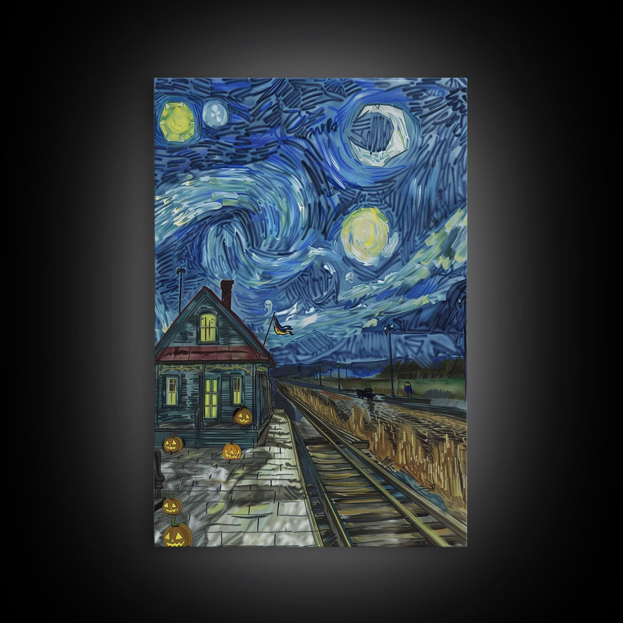 Enchanted Graveyard with Lanterns Framed Canvas Print, Wall Art, Spooky Home Decor, Halloween Cemetery Art, Mystical Art, Haunted Graveyard