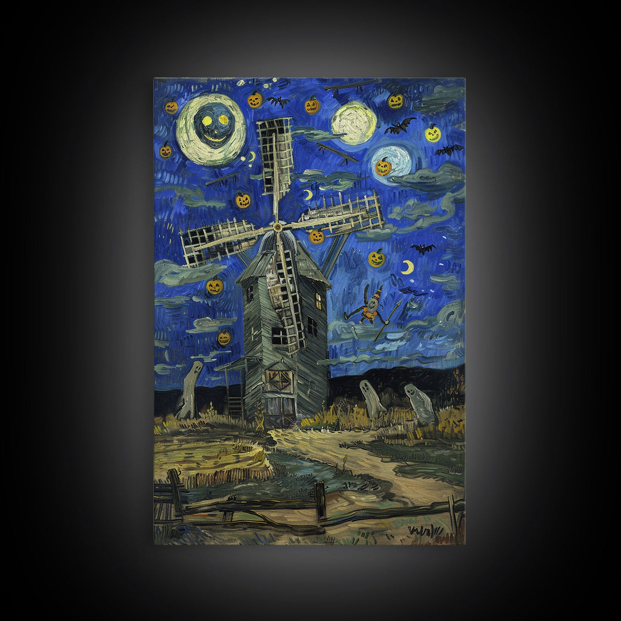 Haunted Railway Station with Pumpkins Framed Canvas Print, Wall Art, Spooky Home Decor, Halloween Train Station Art, Eerie Painting