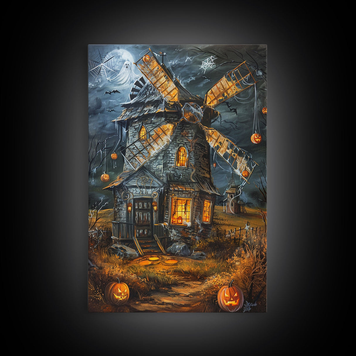 Spooky Windmill with Pumpkins Framed Canvas Print, Wall Art, Halloween Home Decor, Haunted Windmill Painting, Eerie Artwork, Halloween