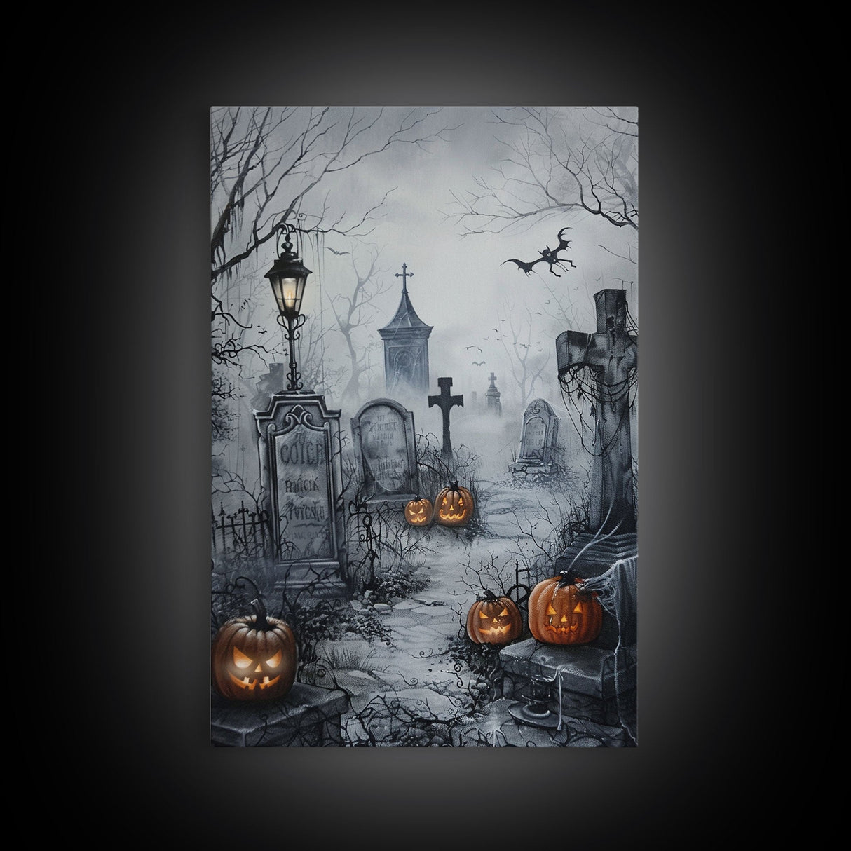 Eerie Graveyard with Pumpkins Framed Canvas Print, Halloween Wall Art, Spooky Cemetery, Home Decor, Gothic Artwork, Living Room Art, Creepy