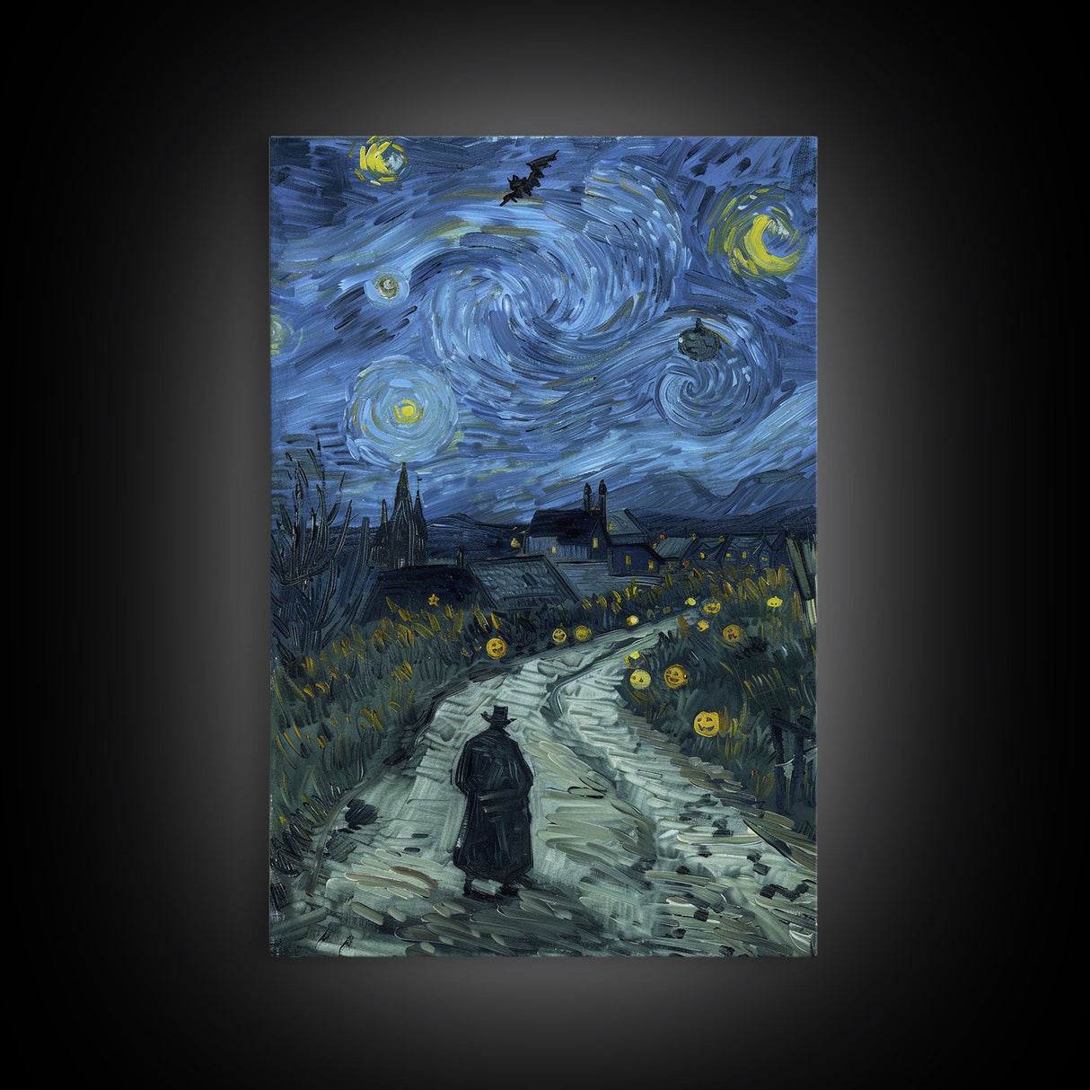 Haunted Road with Jack-O-Lanterns Framed Canvas Print, Halloween Wall Art, Starry Night Inspired, Home Decor, Spooky Art, Living Room Decor