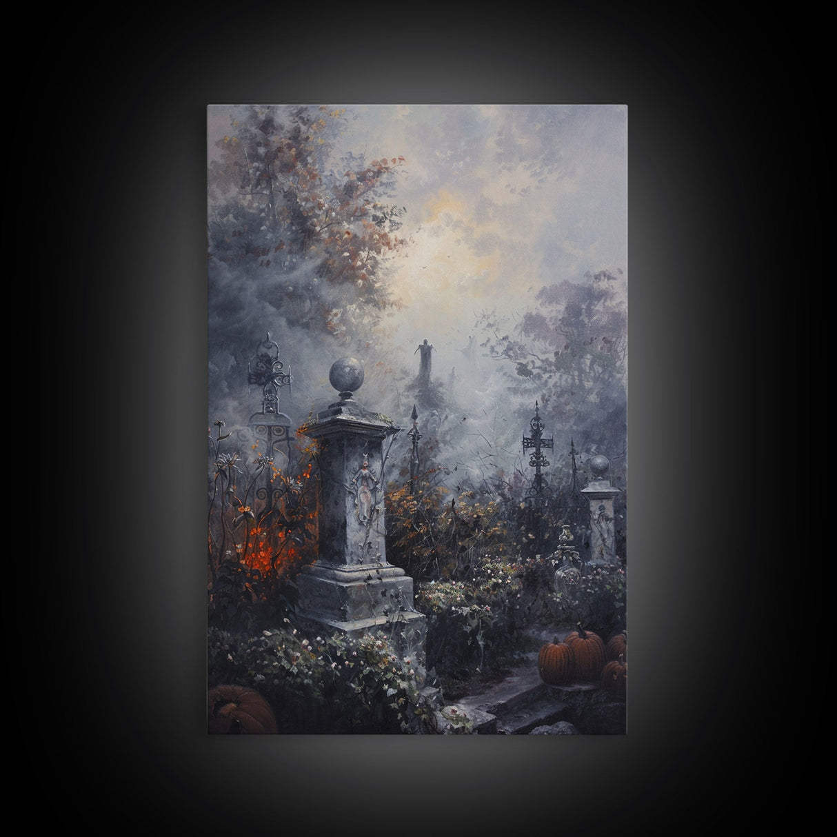 Gothic Cemetery with Statues Framed Canvas Print, Halloween Wall Art, Haunted Graveyard, Home Decor, Spooky Art, Living Room Decor, Gothic
