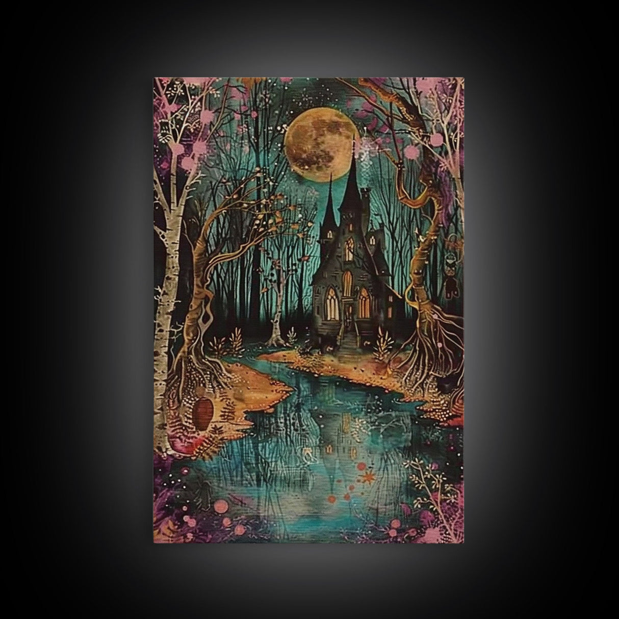 Haunted Castle by the Lake Framed Canvas Print, Halloween Wall Art, Spooky Art, Home Decor, Living Room Decor, Gothic Artwork, Creepy Castle