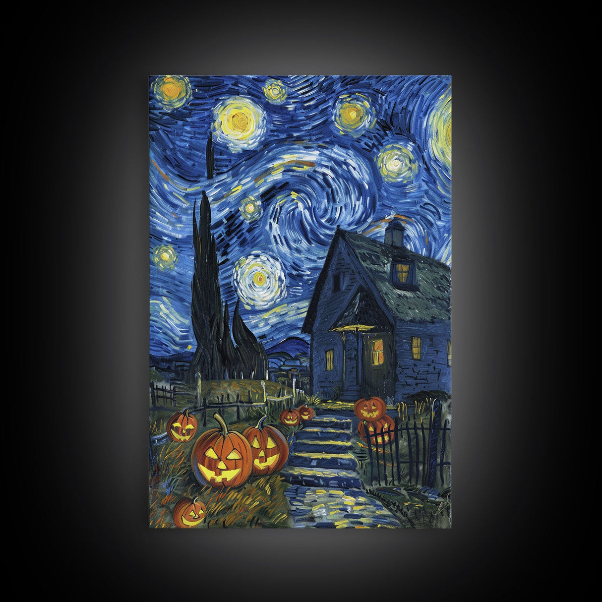 Spooky Starry Night with Jack-O-Lanterns Framed Canvas Print, Halloween Wall Art, Starry Night Inspired, Home Decor, Spooky Art, Living Room