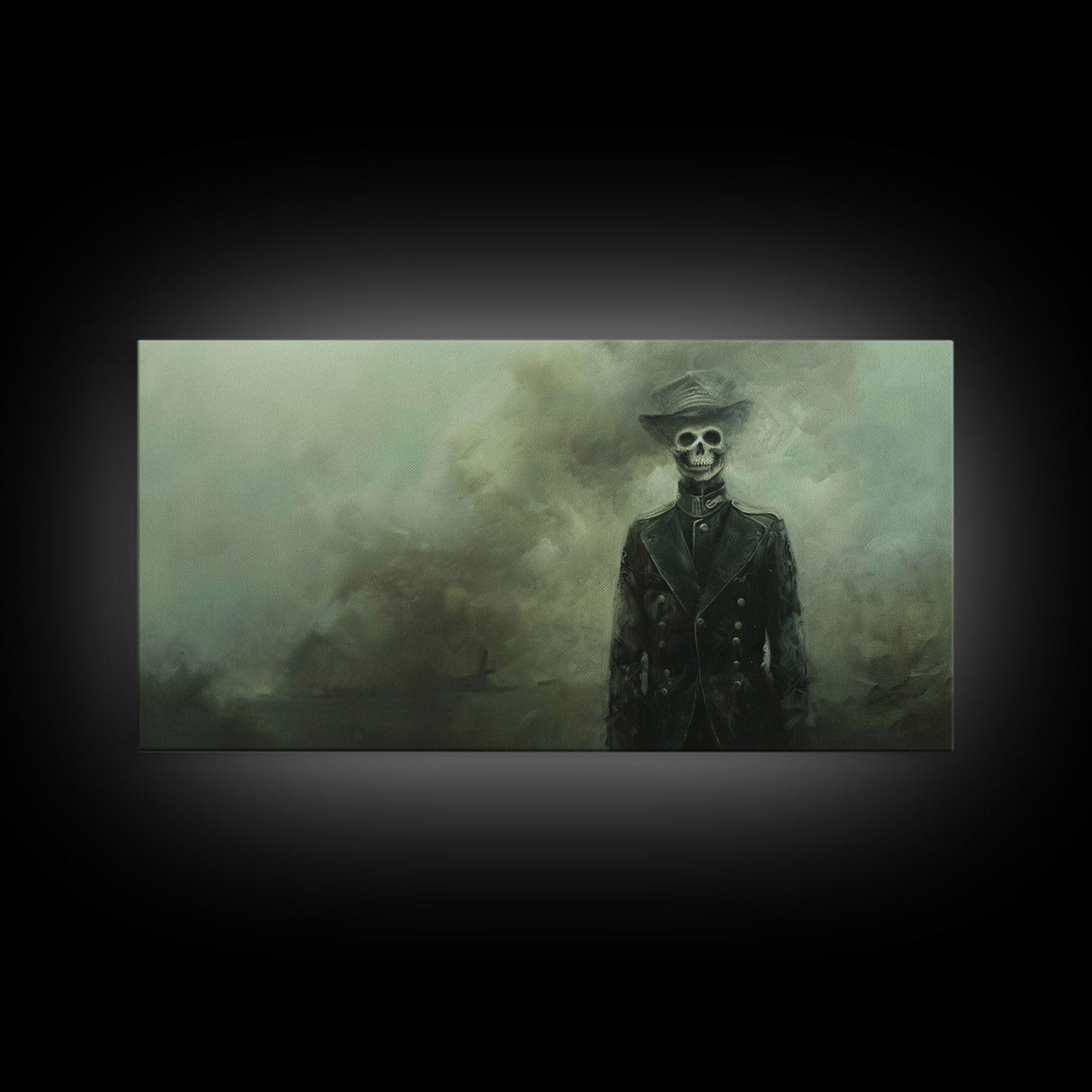 Dapper Skeleton In The Fog, Framed Canvas Print, Halloween Decor, Macabre Dark Academia Wall Art