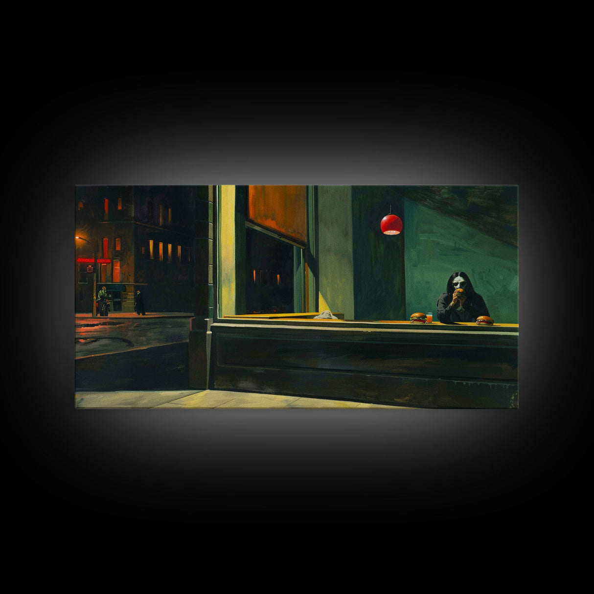 Demon Having a Cheeseburger in a Diner, Funny / Liminal Halloween Art, Framed Canvas Print