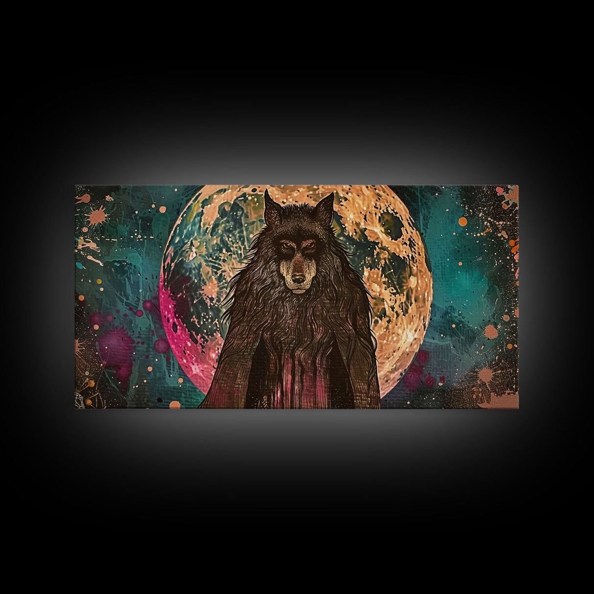 Hooded Werewolf Under The Full Moon, Framed Canvas Print, Wood Frame Halloween Wall Art, Dark Academia