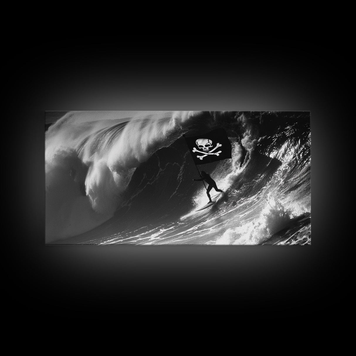 Pirate Surf - Framed Canvas Print - Black & White Photography Style Wall Art - Skull and Cross Bones Wall Art - Manly Decor - Mancave