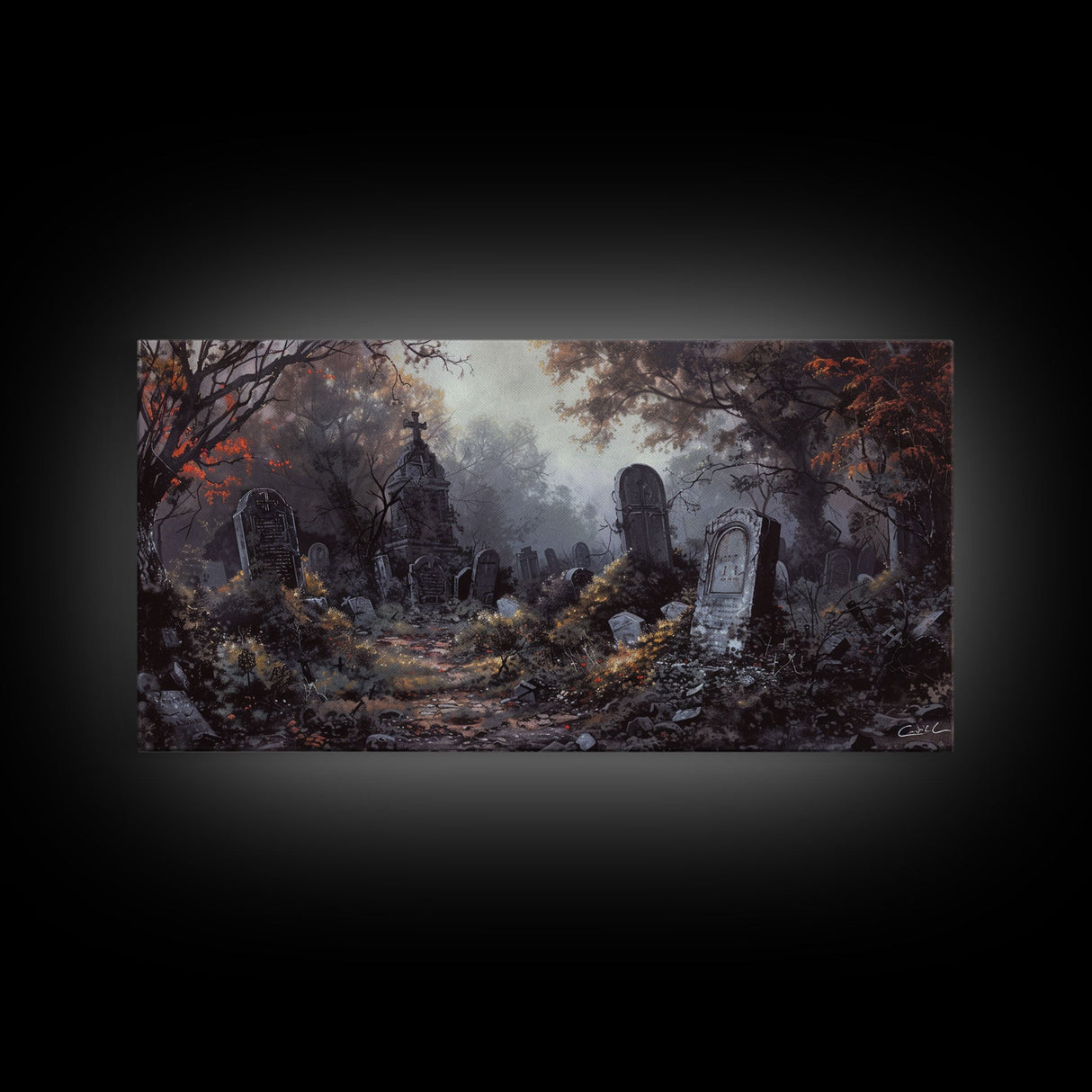 Haunted Cemetery Halloween Prop Framed Canvas Print | Spooky Season | Spooky Wall Art | Halloween Decor | Creepy Art Prints