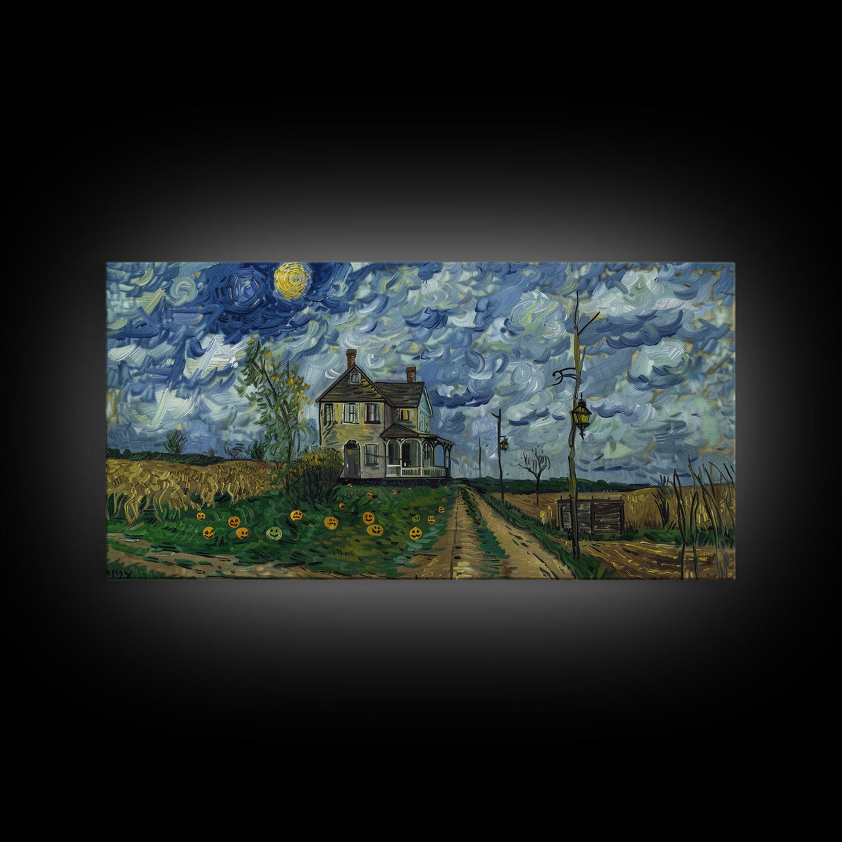 Haunted Countryside, Framed Canvas Print, Spooky Starry Night Inspired Halloween Wall Art