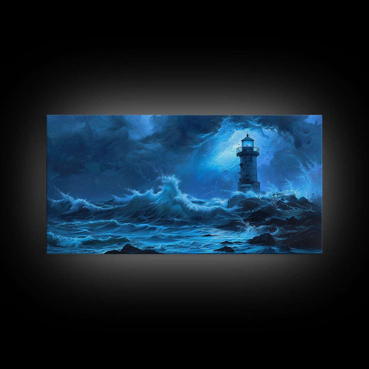 Lighthouse and the Storm, Framed Canvas Print, Unique Halloween Wall Art, Nautical Decor