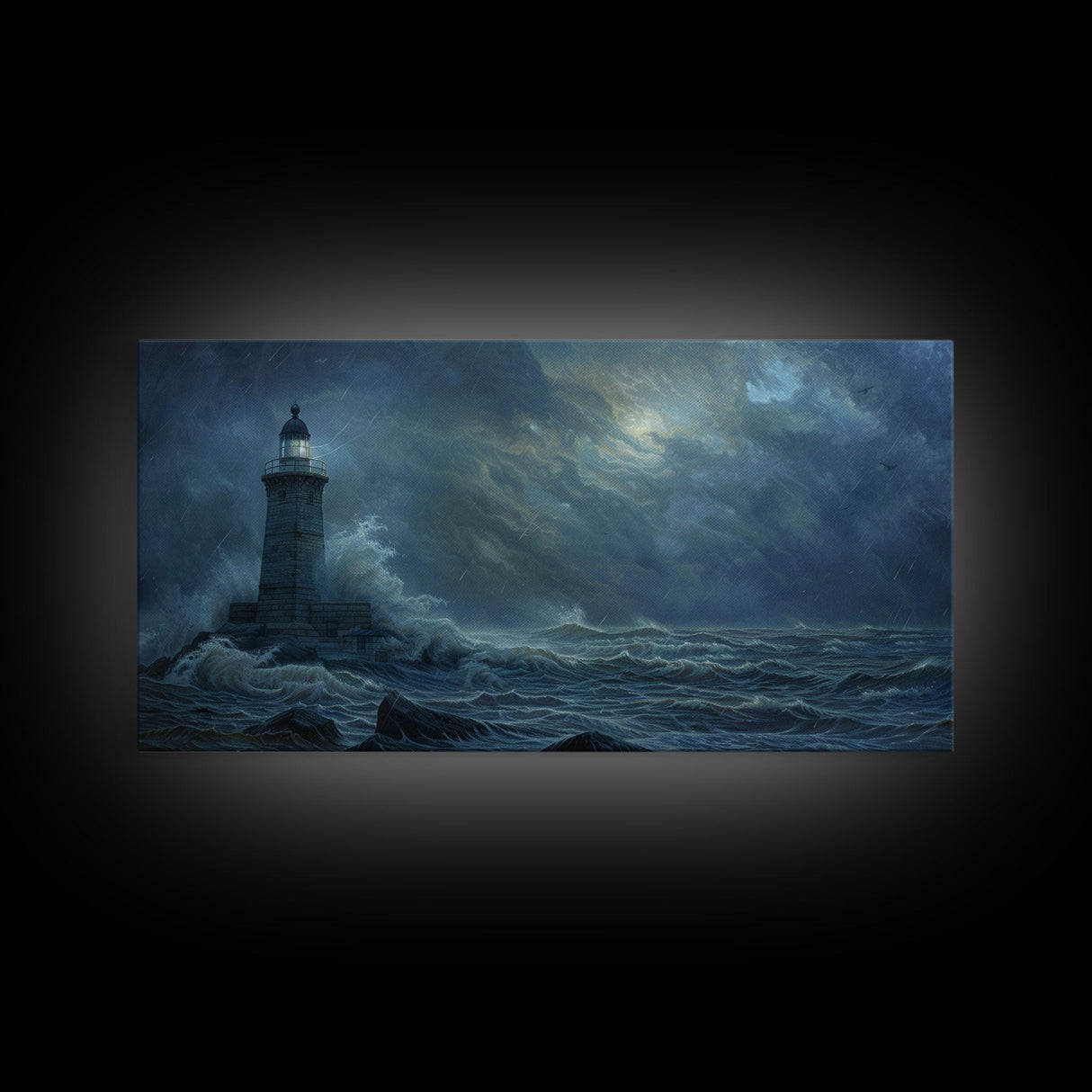 Lighthouse and the Storm, Framed Canvas Print, Unique Halloween Wall Art, Nautical Decor