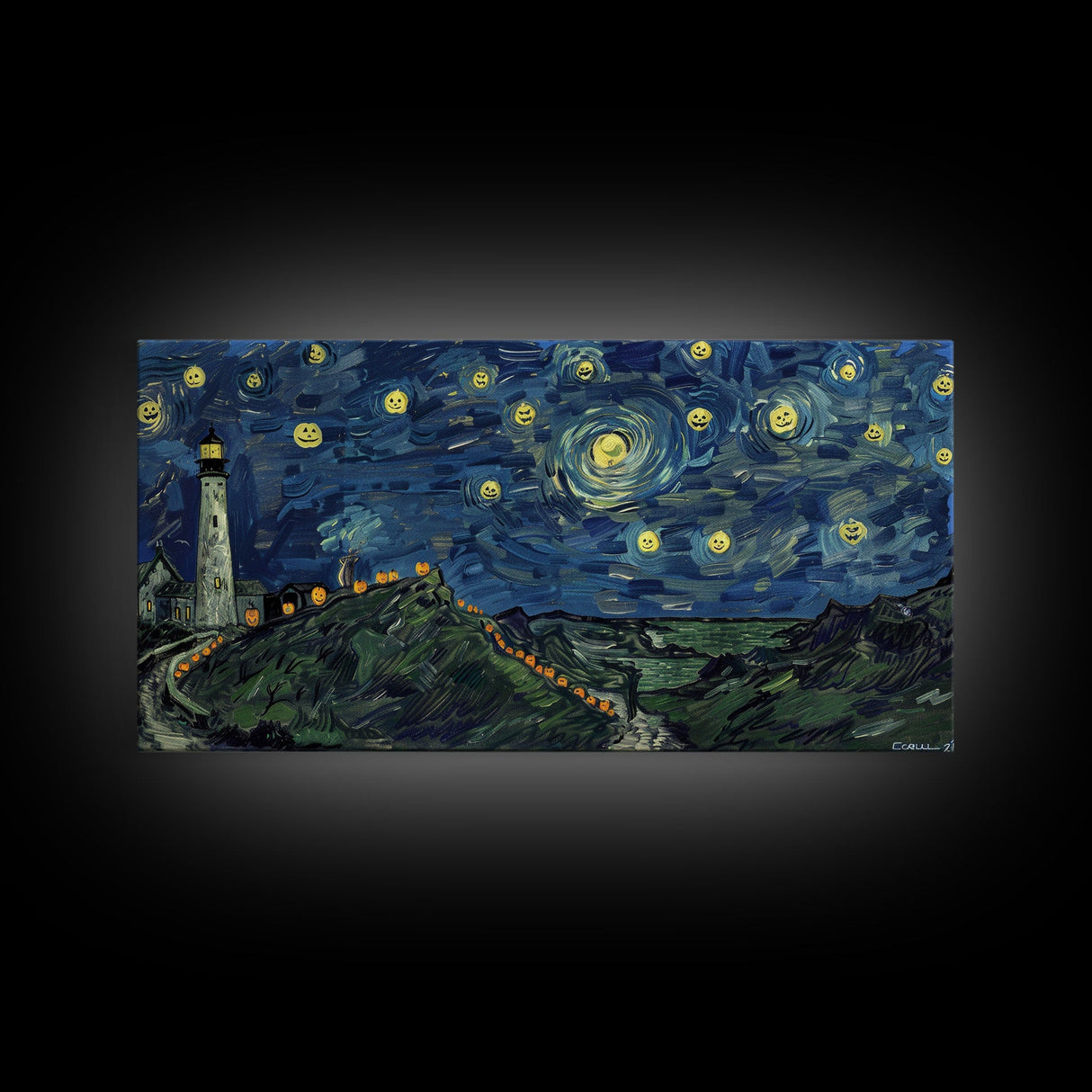 Lighthouse and the Storm, Framed Canvas Print, Unique Halloween Wall Art, Nautical Decor, Starry Night Inspired Wall Art