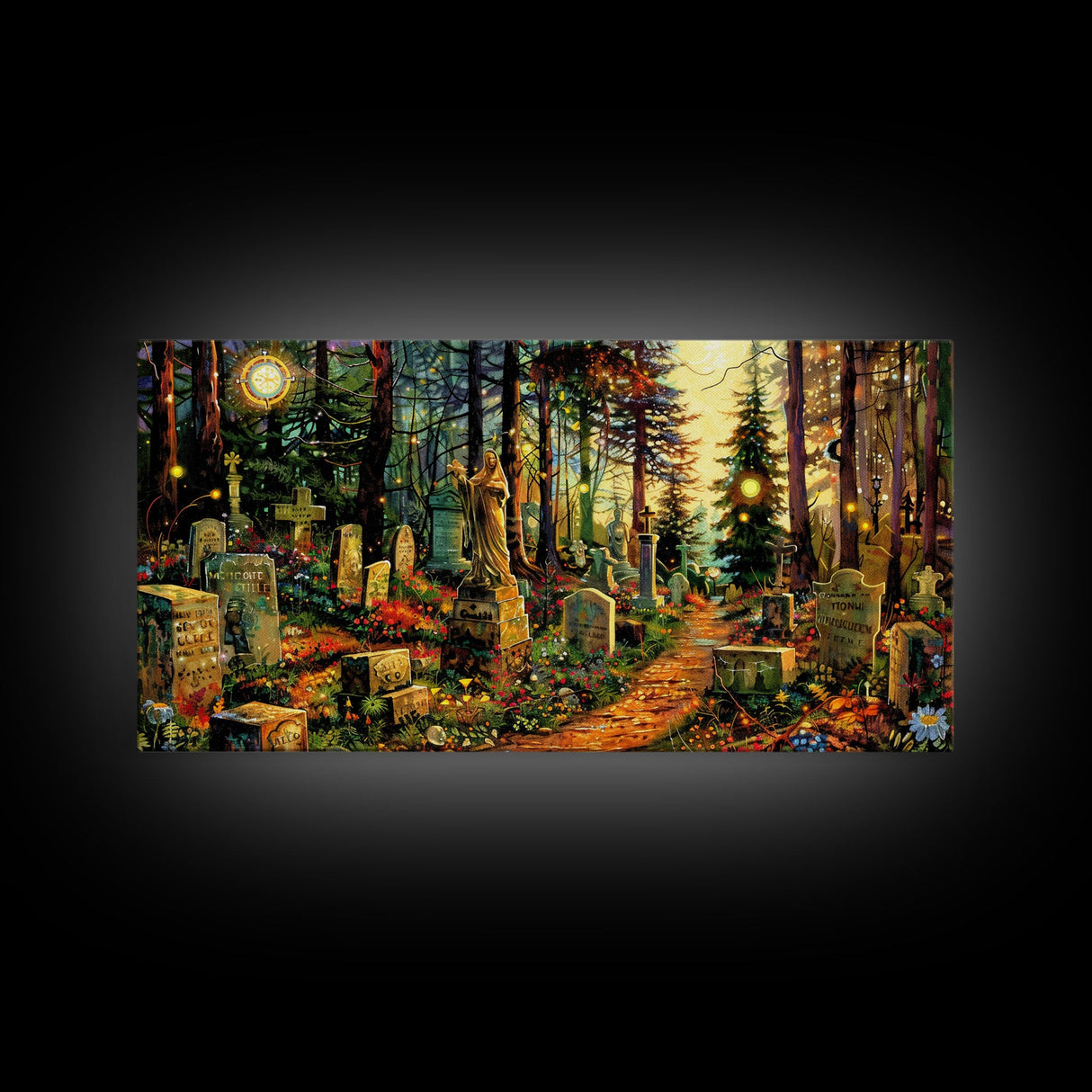 Colorful Haunted Grave Yard In The Spring Time, Framed Canvas Print, Spooky Wall Art, Halloween Spooky Season Decor
