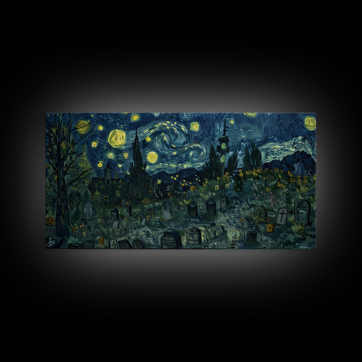 Starry Night Inspired Haunted Graveyard Framed Canvas Print, Halloween Wall Decor, Halloween Props, Halloween Gift Idea