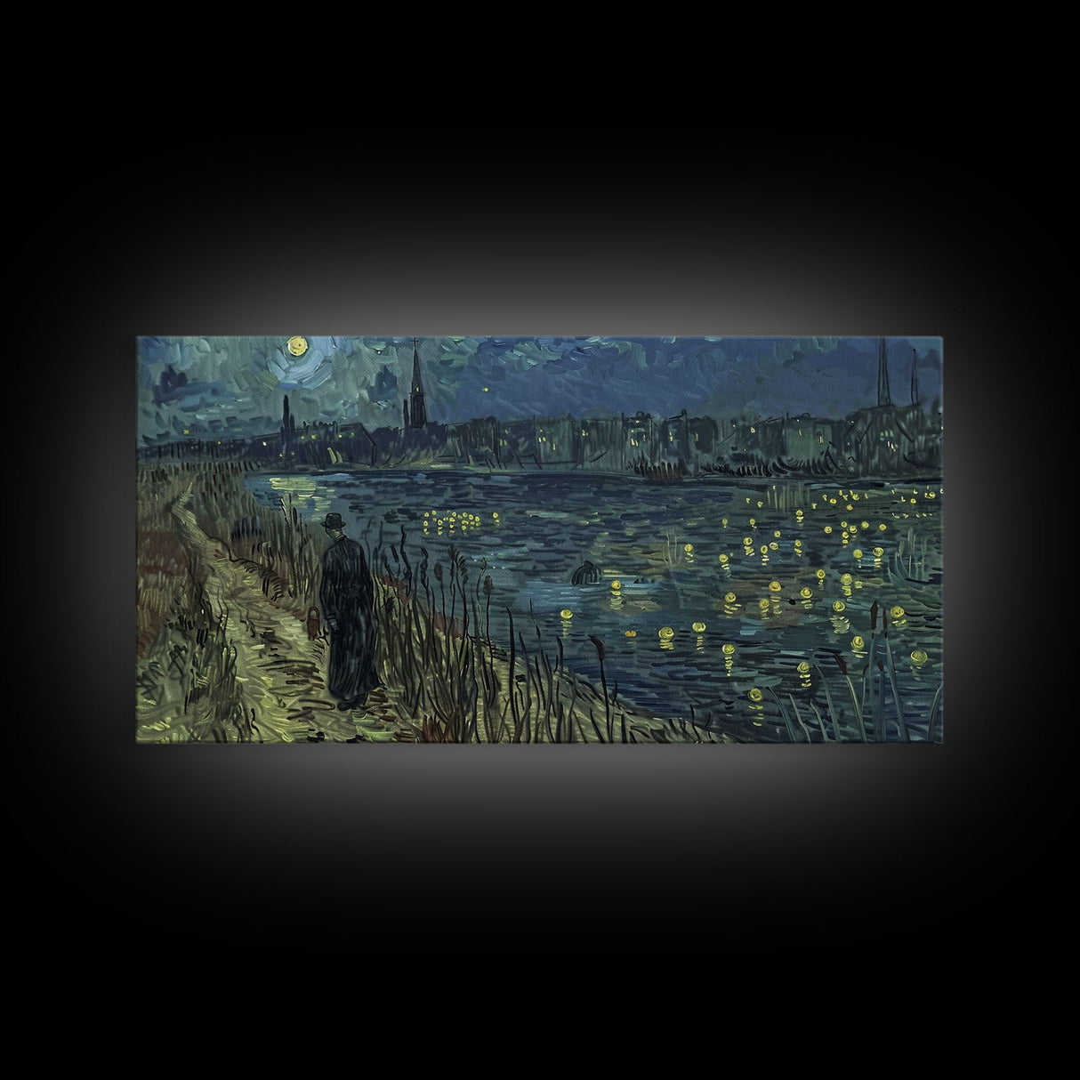 London at Midnight, Framed Canvas Print, Starry Night Inspired Victorian London, Dark Academia Halloween Wall Art