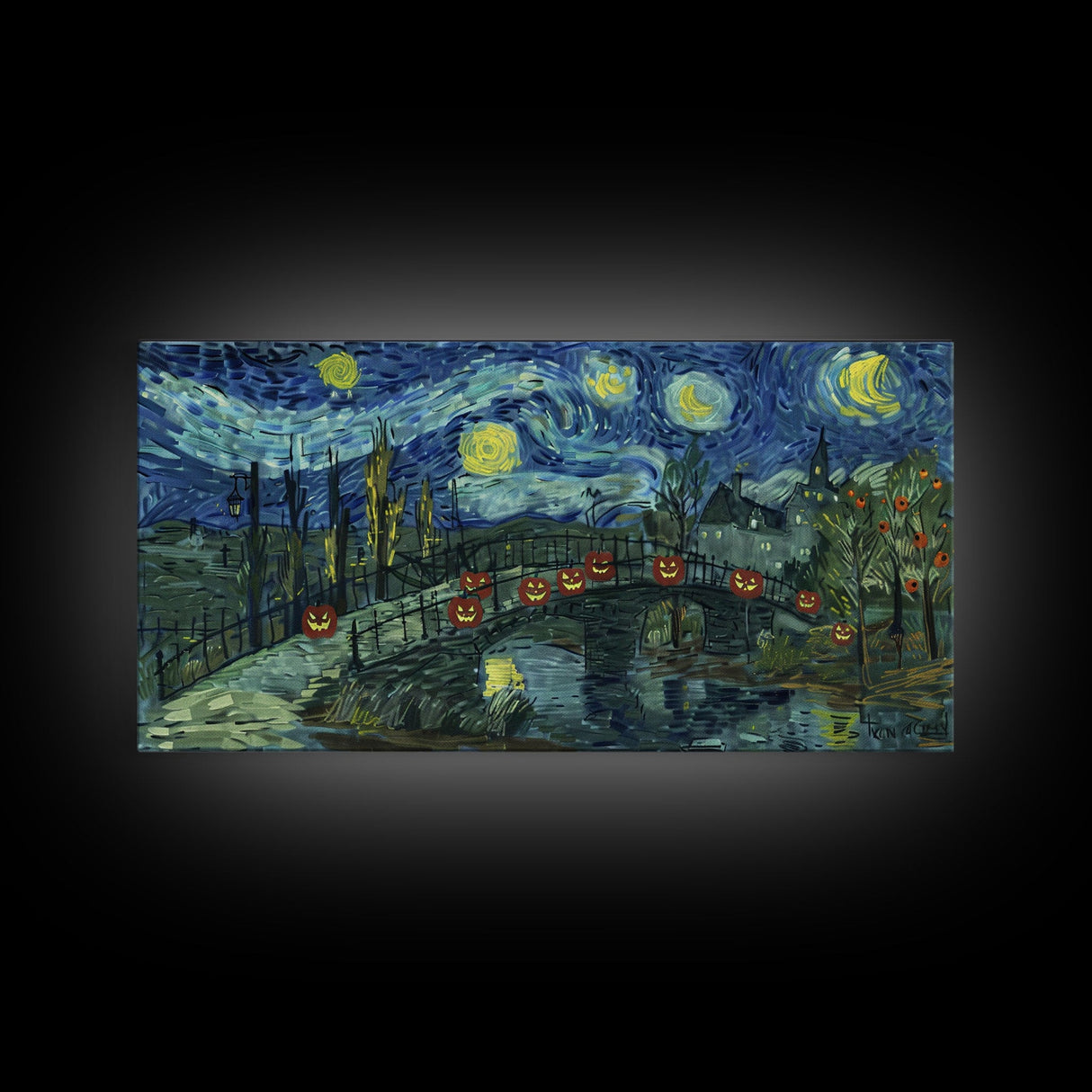 London at Midnight, Framed Canvas Print, Starry Night Inspired Victorian London, Dark Academia Halloween Wall Art