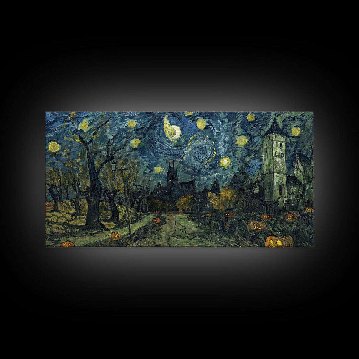 Haunted Halloween Cemetary, Starry Night Inspired Halloween Decor, Framed Canvas Print, Halloween Props