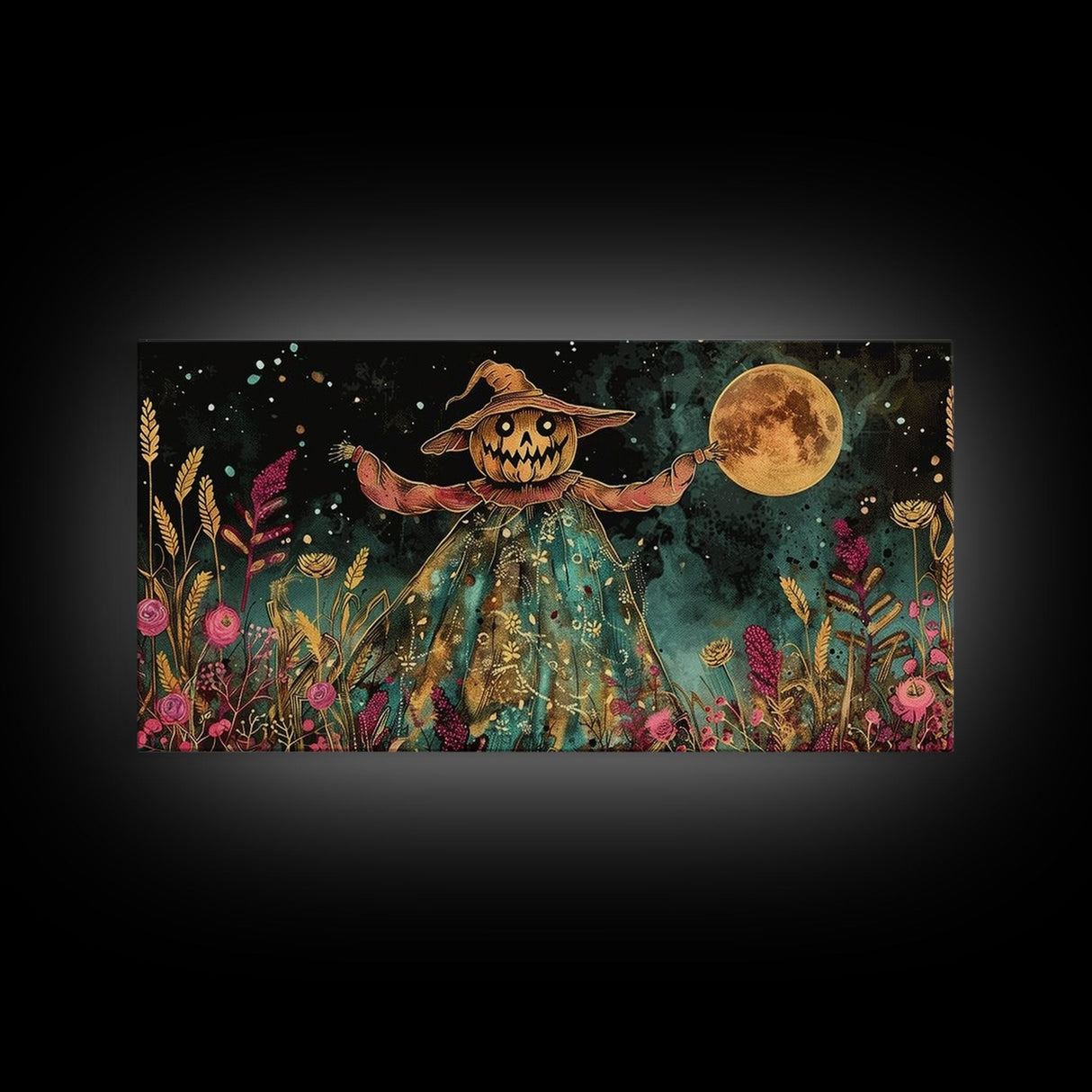 Spooky Jack O' Lantern Scarecrow, Framed Canvas Print, Dark Academia, Halloween Decor, Spooky Season Wall Art