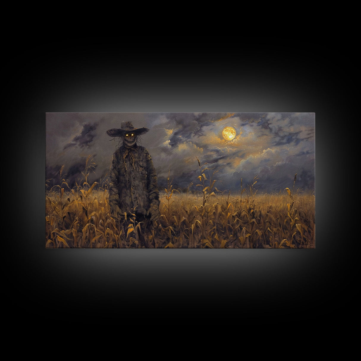 Scarecrow Under A Full Moon - Framed Canvas Print - Spooky Wall Art - Halloween Decor