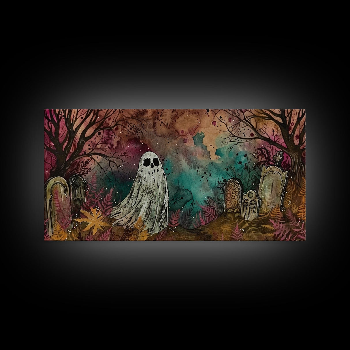 Cute Ghost In The Cemetery, Framed Canvas Print, Halloween Wall Decor, Halloween Trinkets