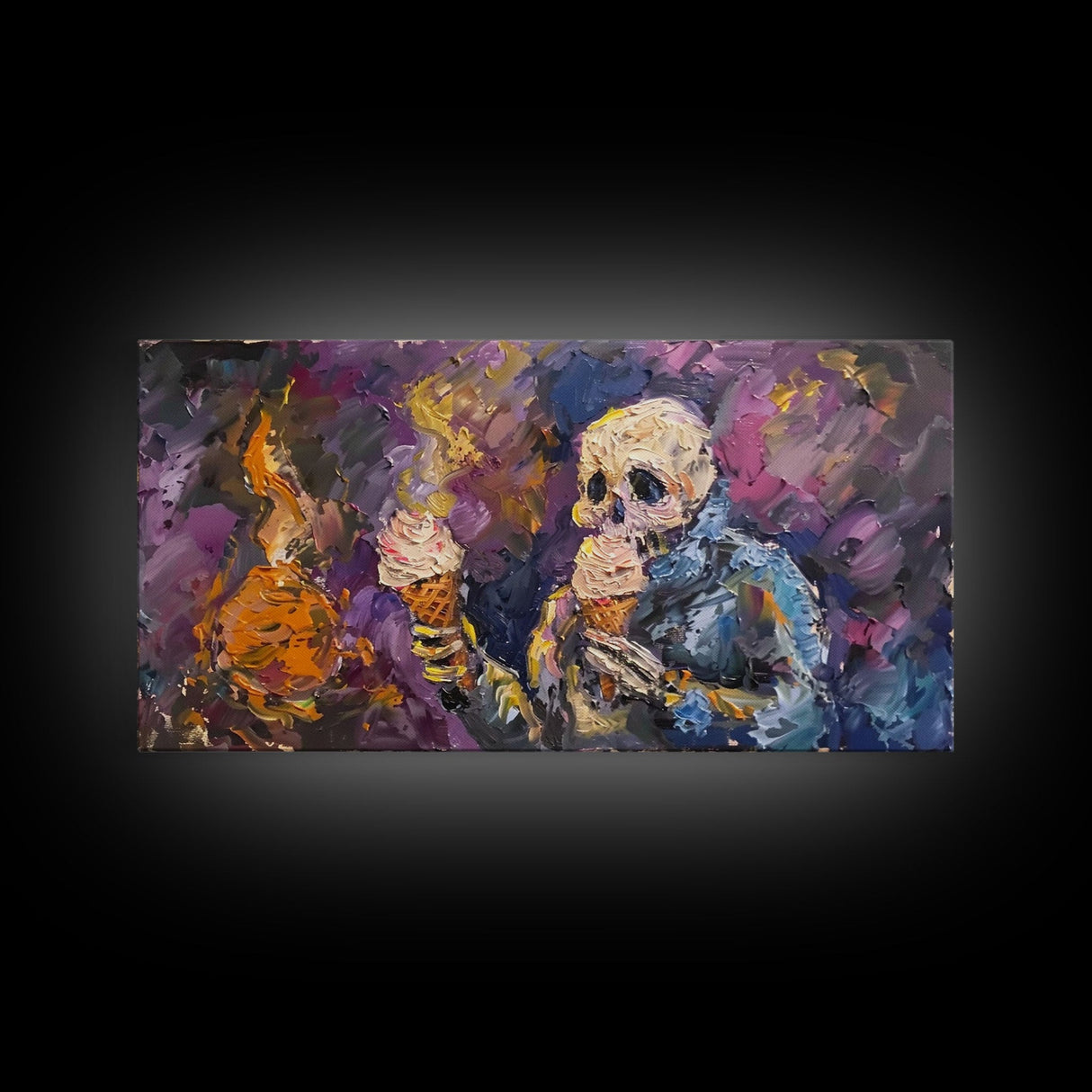 Spooky Skeleton having TWO ice cream cones! Why does he need two? Halloween Art, Framed Canvas Print