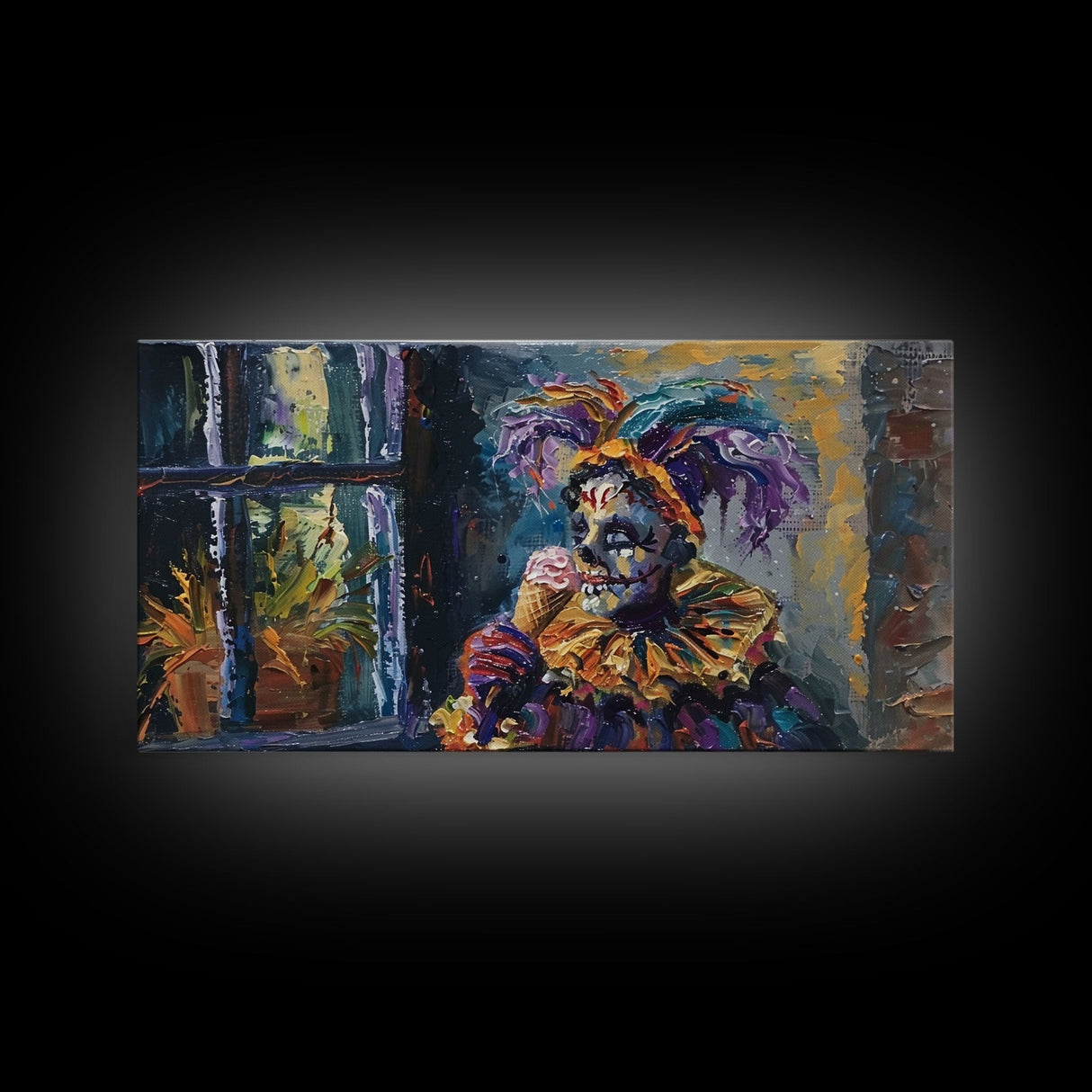 Spooky Court Jester Having an Ice Cream, Funny Halloween Art, Framed Canvas Print