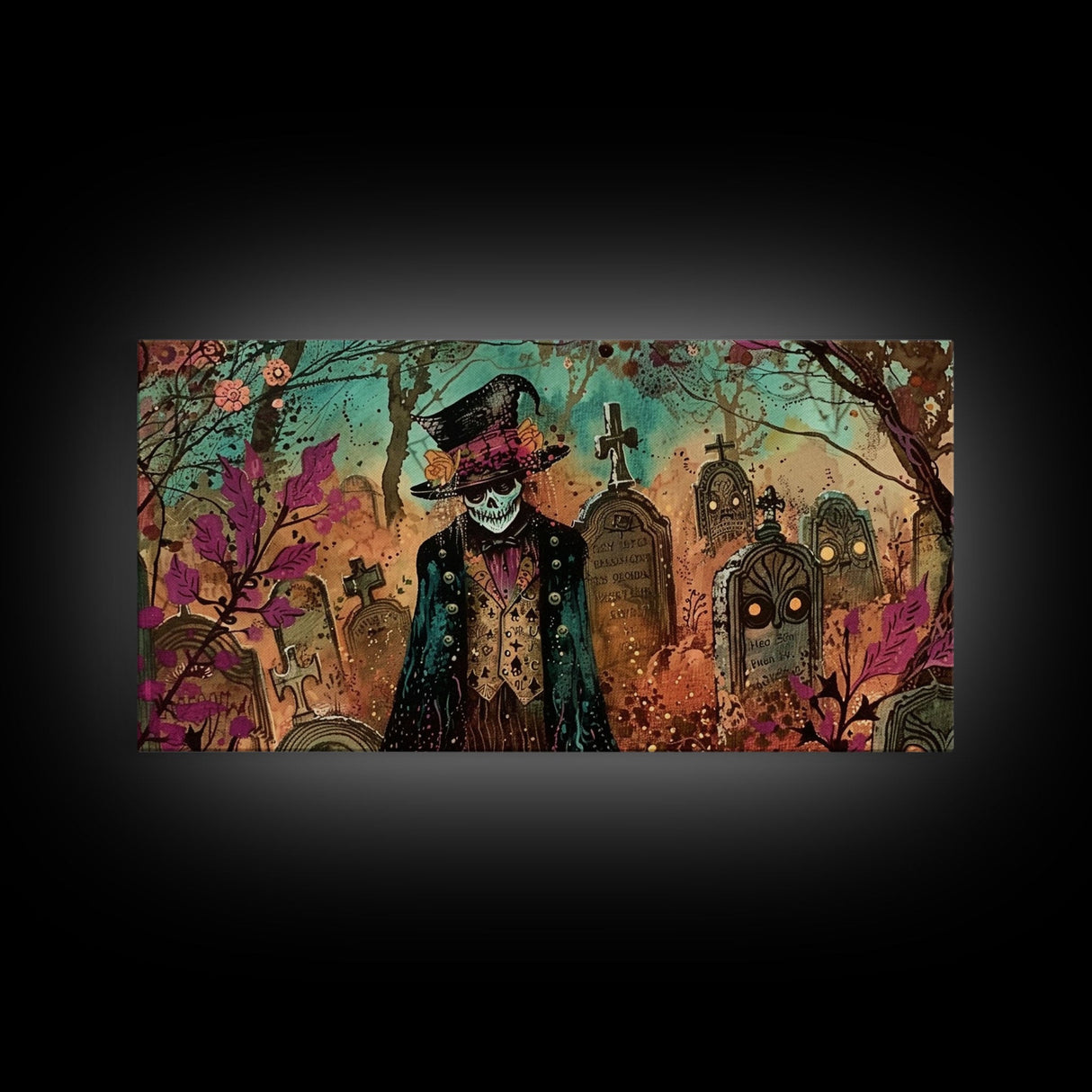 Spooky Ghost In A top hat, Framed Canvas Print, Halloween Decor, Spooky Vibes Wall Art