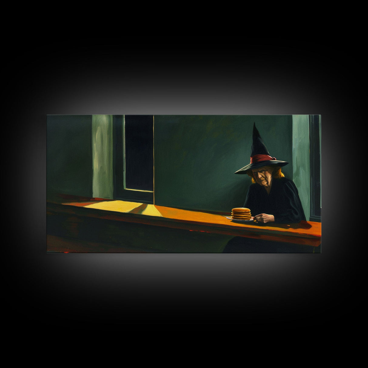 Sad Old Witch Having Some Pancakes, Funny Halloween Art, Framed Canvas Print, Liminal Art