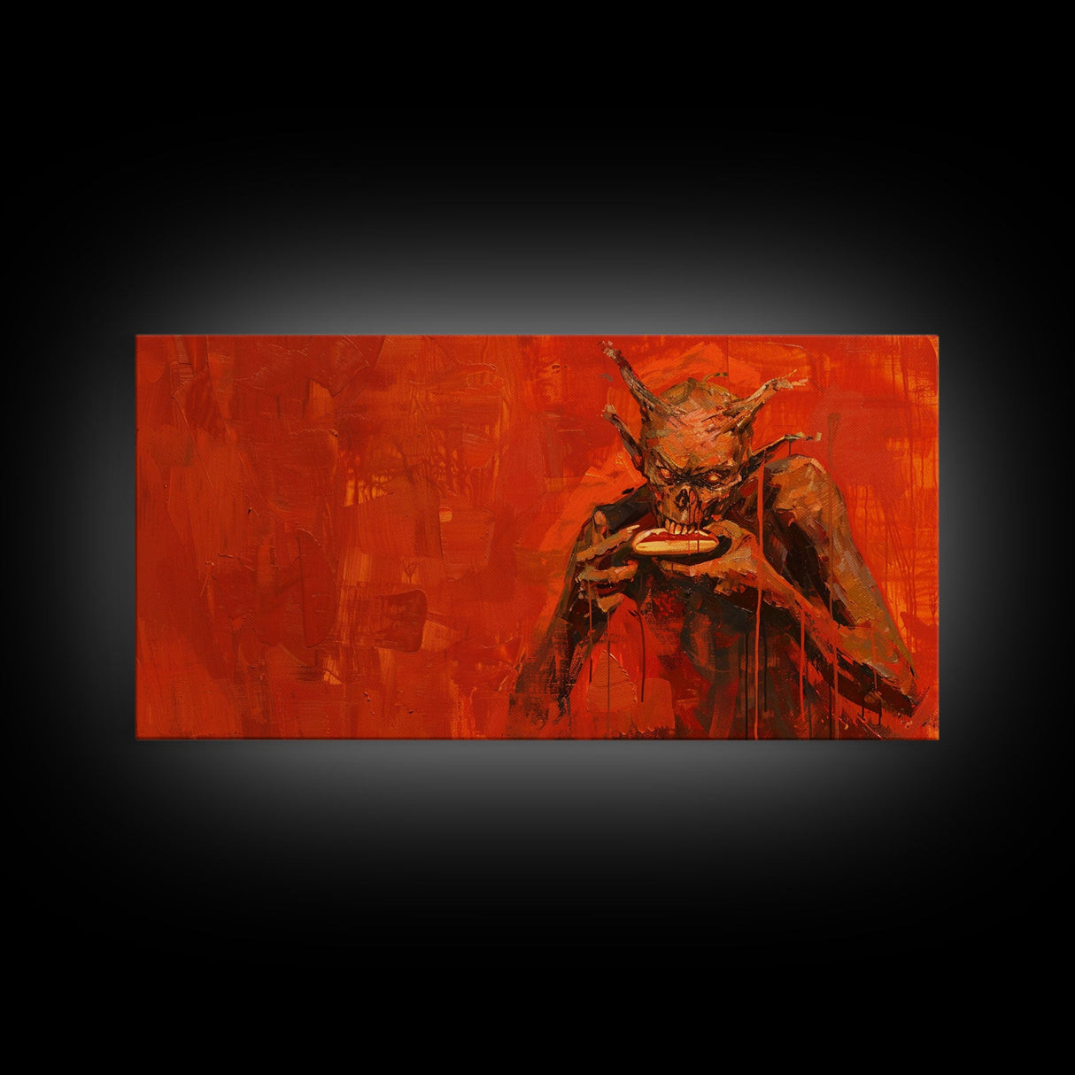 Scary Demon Having a Hot Dog, must be a baseball fan. Funny Halloween Wall Art Framed Canvas Print