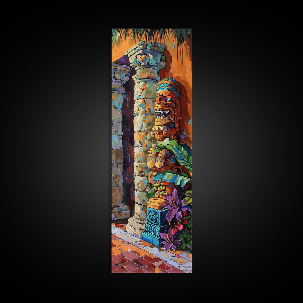 Colorful Tiki Wall Art Print Framed on Canvas, Long Narrow Wall Art for Beach House, Beach Themed Decor, Textured Canvas Painting Printed