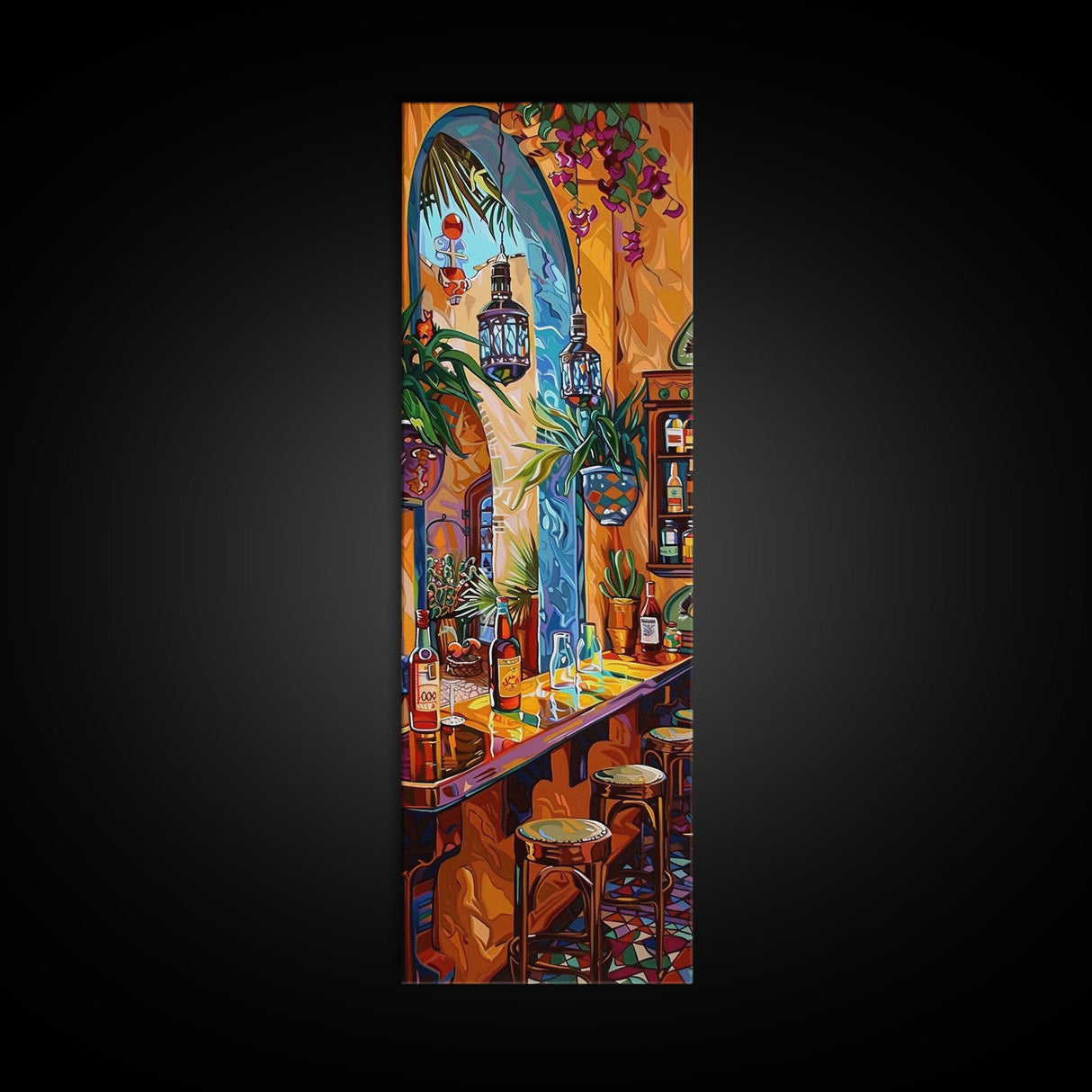 Spanish Inspired Bar Art Canvas Painting Framed, Still Life Art for Kitchen, Abstract Oil Painting, Vertical Framed Wall Art for Kitchen