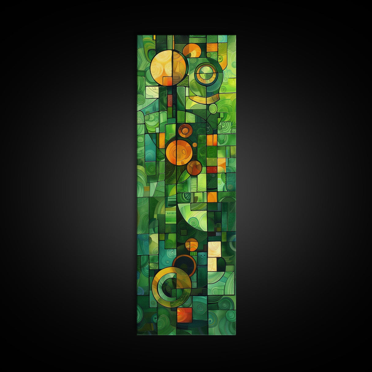 Geometric Abstract Art in Green and Yellow Tones - Framed Canvas Print, Midcentury Modern Art, Skinny Art, Tall Art, Living Room Wall Decor, Boho Art