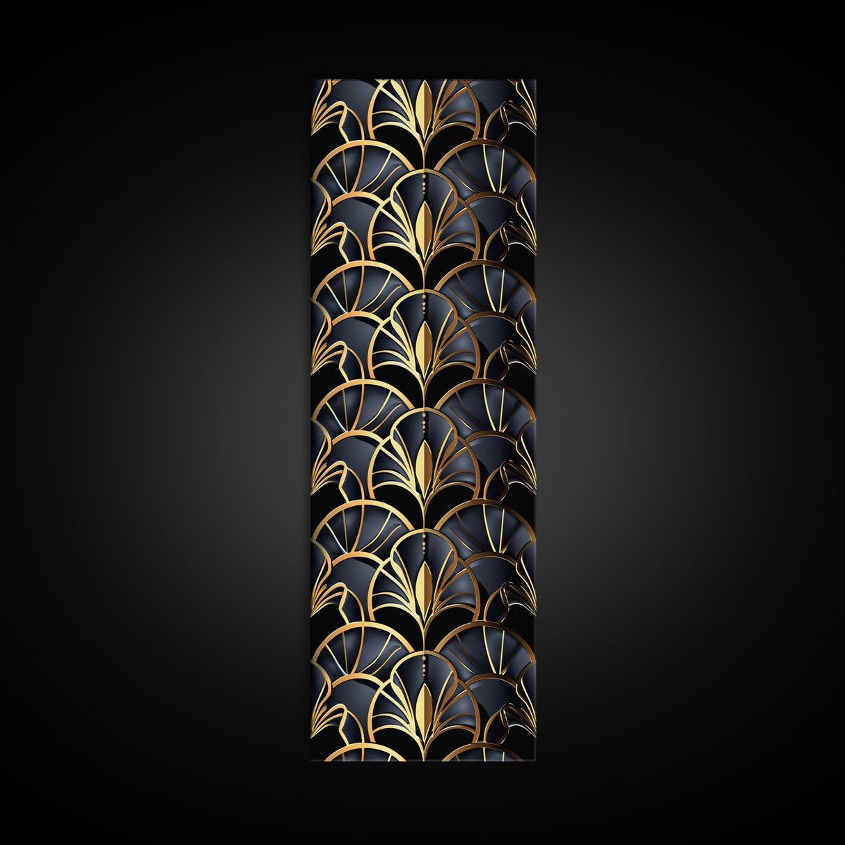 Gold Art Deco Pattern on Black Background - Framed Canvas Print, Midcentury Modern Art, Skinny Art, Tall Art, Living Room Wall Decor, Minimalist Art