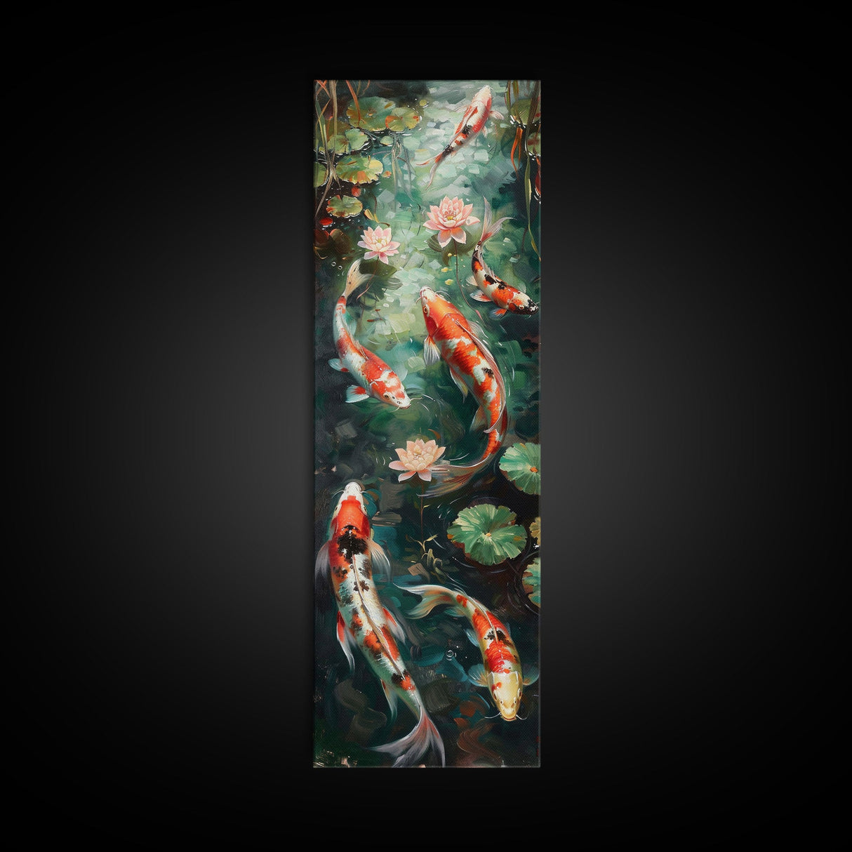 Mystic Forest Pond Koi Fish Boho Farmhouse Wall Art Framed Canvas Print Tall Art Japanese Style Art