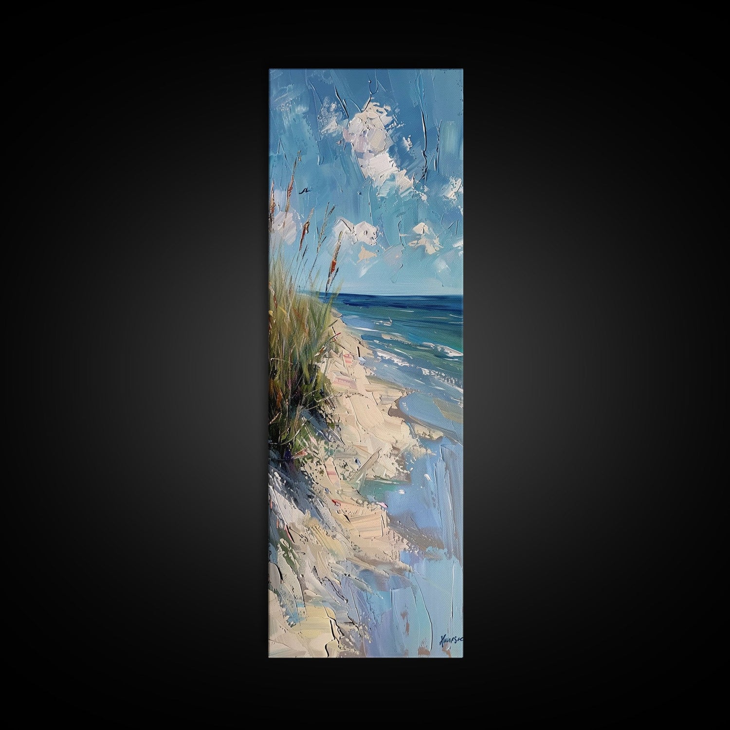 Framed Canvas Print Skinny Art of a Peaceful Beach Scene with Sea Oats Blowing in the Wind and Gentle Waves in the Background, Perfect Tall Art for Homes